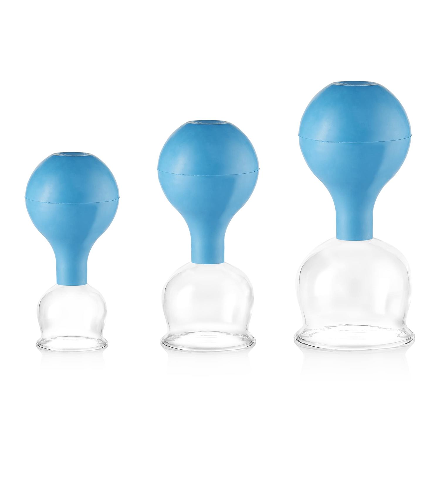 Pulox Cupping Glass Set of 3 - Real Glass with Suction Balls (40mm 52mm 62mm) - Blue - International Shipping Available - Buy Online on GoSupps.com