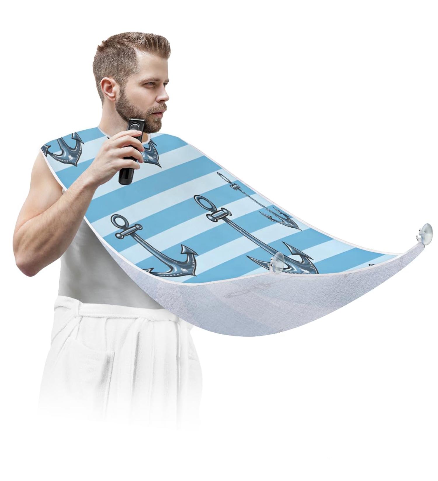 Blue Striped Anchor Beard Bib Apron | Beard Hair Catcher for Men | Perfect Father's Day Anniversary & Christmas Gift for Dad & Husband | Durable with Suction Cups - Buy Online on GoSupps.com