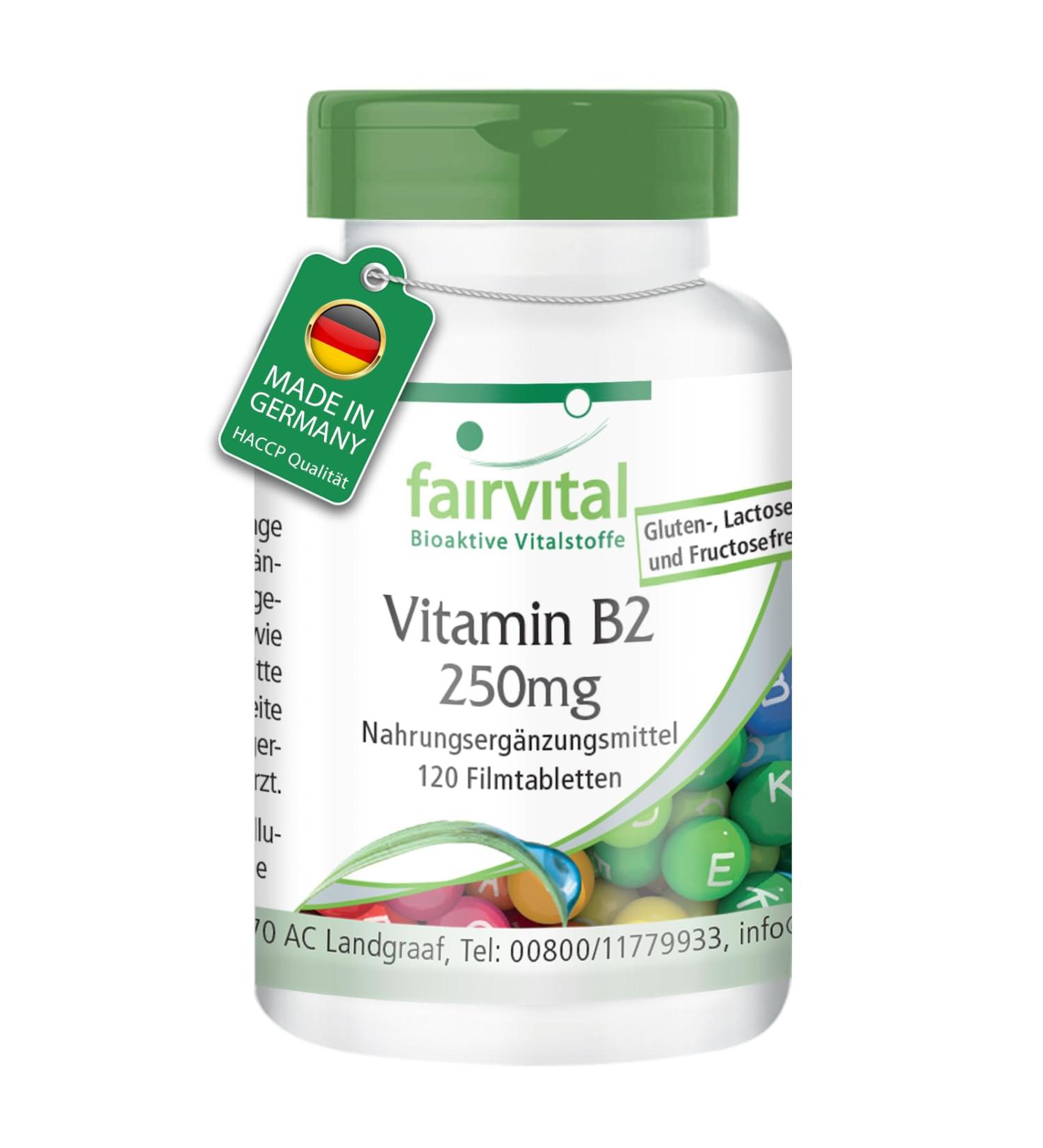 Fairvital | Vitamine B2 250mg - 120 comprim s - Riboflavine - qualit contr l e et hautement dos e - 100% v g talien - Fabriqu en Allemagne - Buy Online on GoSupps.com