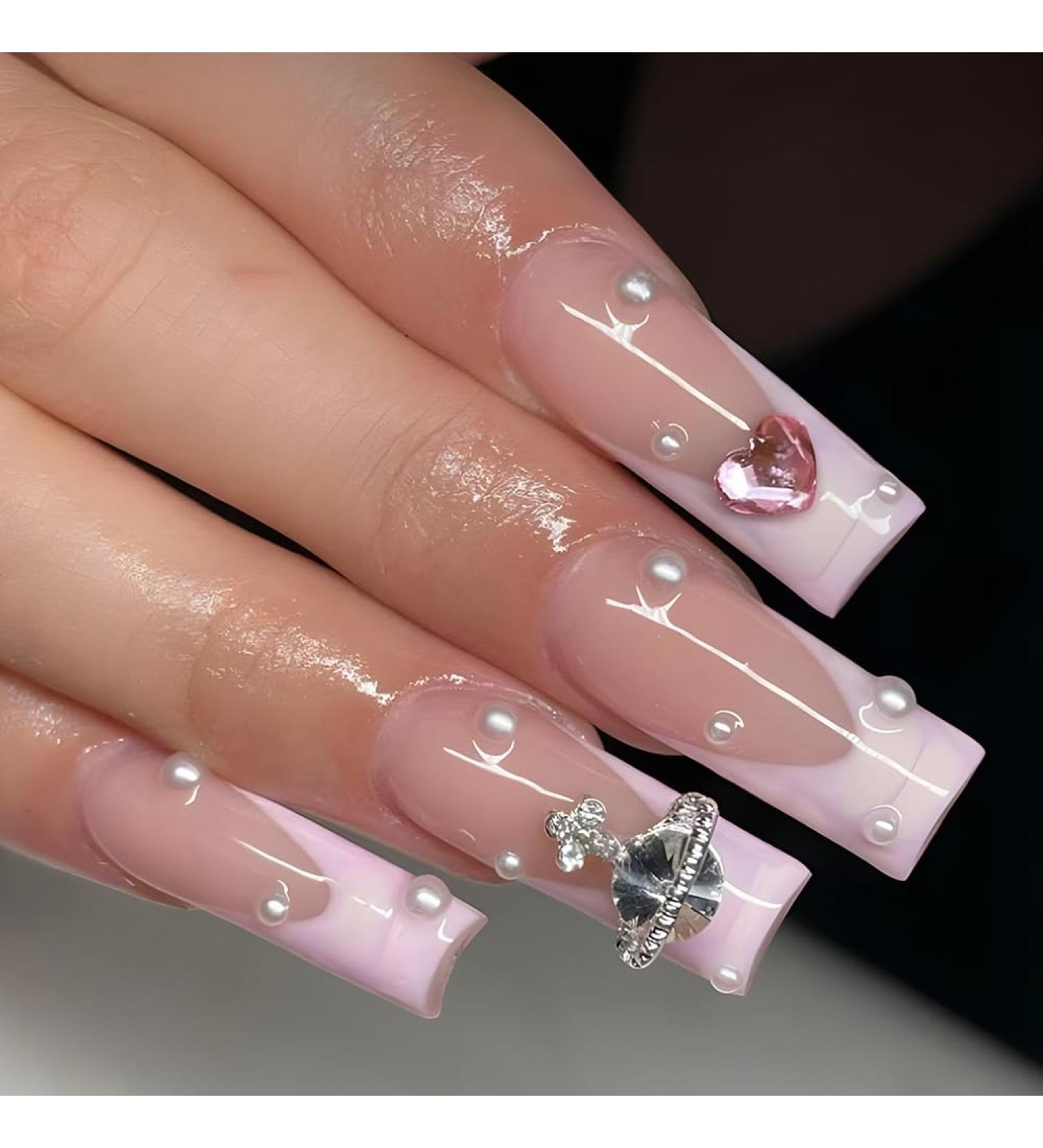 French Tip Press on Nails - Long Square Press On Nails with Nail Tips Love Heart crystal powder rhinestone Planet pattern Design Glossy white press on nails Acrylic False Nails Cute Artificial Nails - Buy Online on GoSupps.com