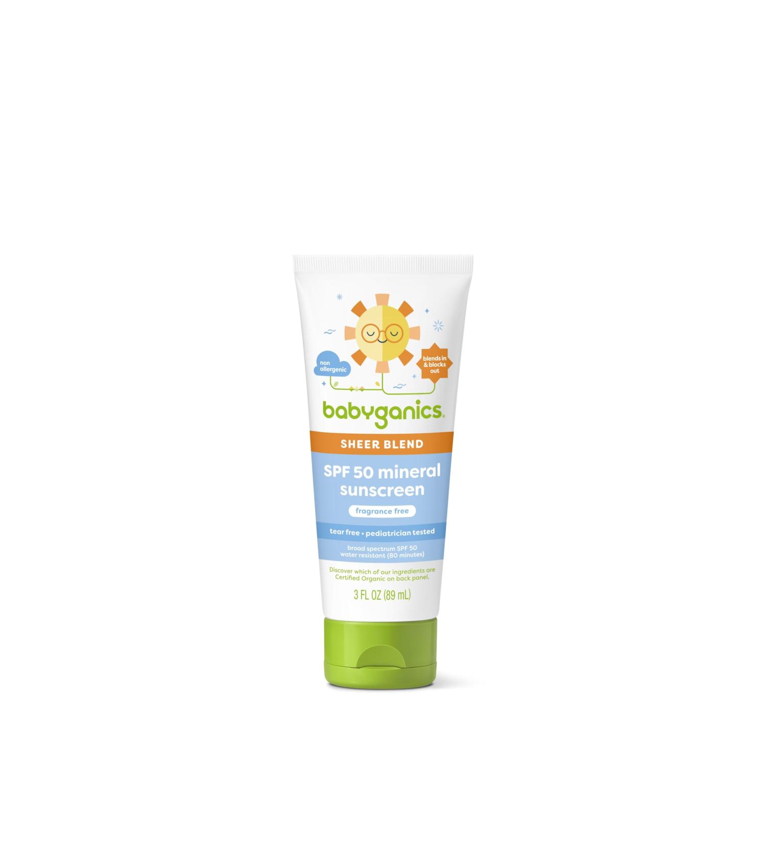 Babyganics SPF 50 Mineral Sunscreen Lotion Sheer Blend UVA UVB Protection Octinoxate & Oxybenzone Free Water Resistant Fragrance Free 3 oz - Buy Online on GoSupps.com