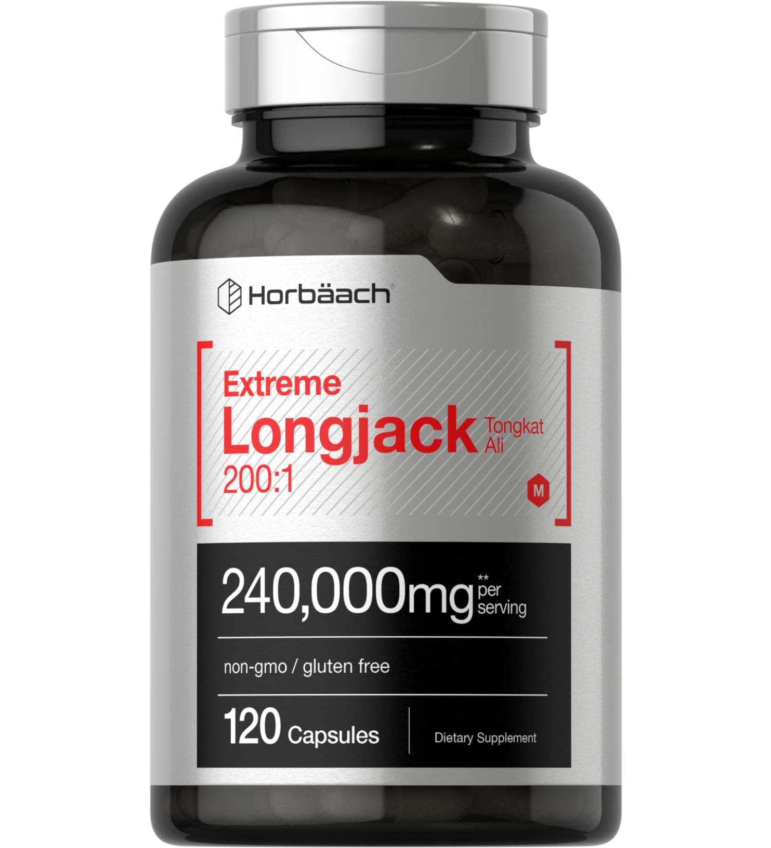 Longjack Tongkat Ali 240,000mg Extreme Male Performance Supplement - 120 Capsules - Super Concentrated Herbal Extract - Non-GMO & Gluten Free by Horbaach - Buy Online on GoSupps.com
