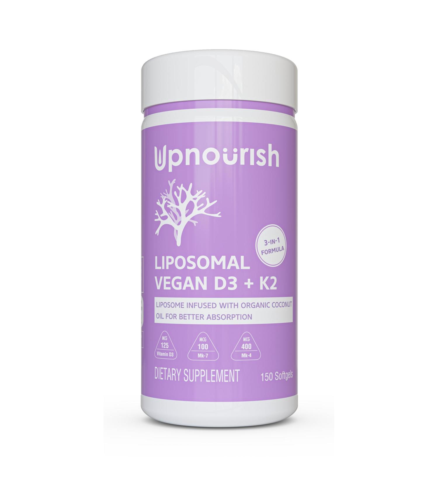 UpNourish Vegan Vitamin D3 5000 IU with K2 MK4 MK7 500 mcg - 150 Softgels | Plant-Based, Non-GMO, Gluten-Free - Buy Online on GoSupps.com
