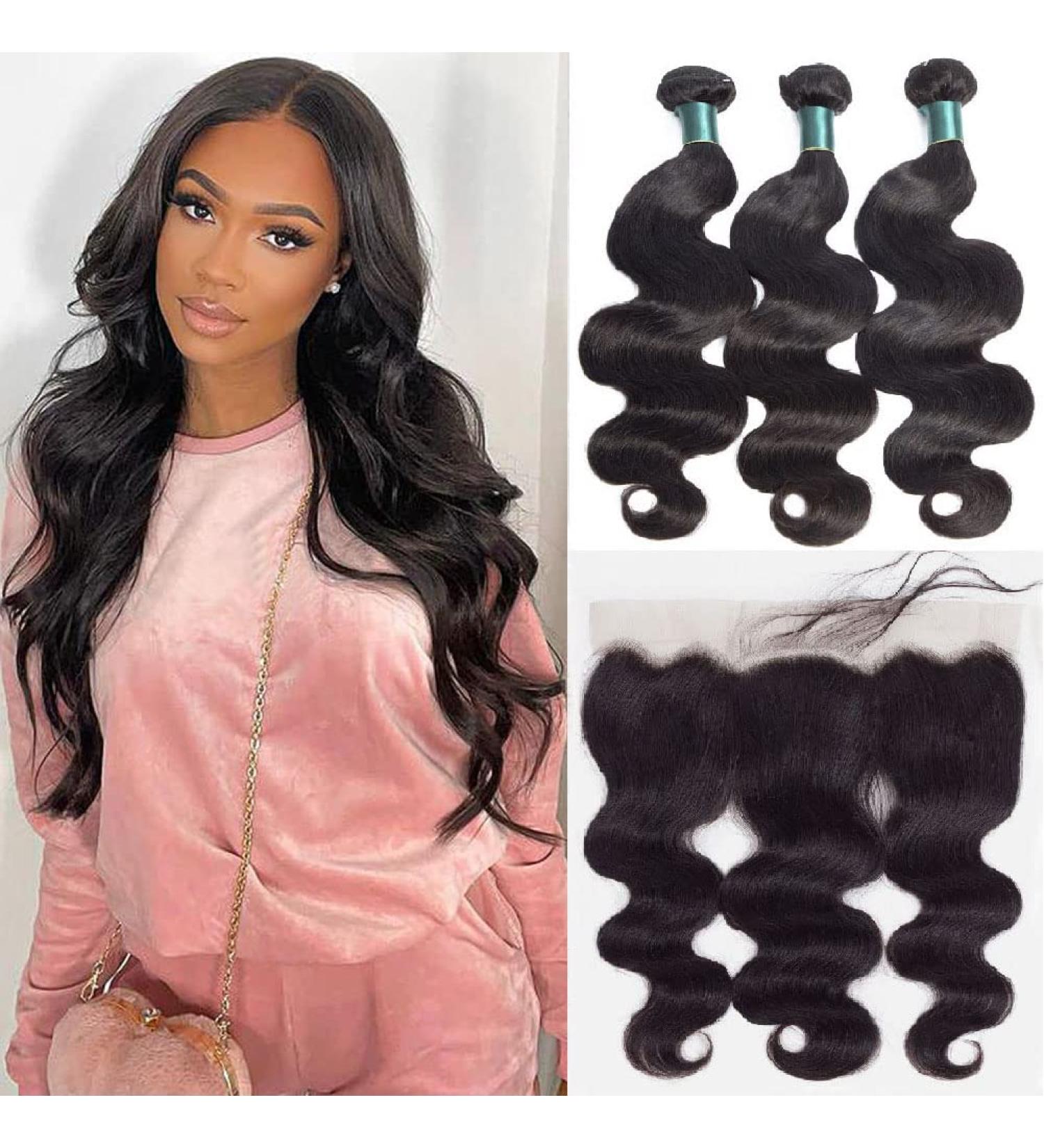 Brazilian Body Wave Human Hair Bundles with 13X4 Frontal Closure - 100% Unprocessed Virgin Hair - Natural Color - 3 Bundles + Free Part Closure - 12 14 16 + 10 - Buy Online on GoSupps.com