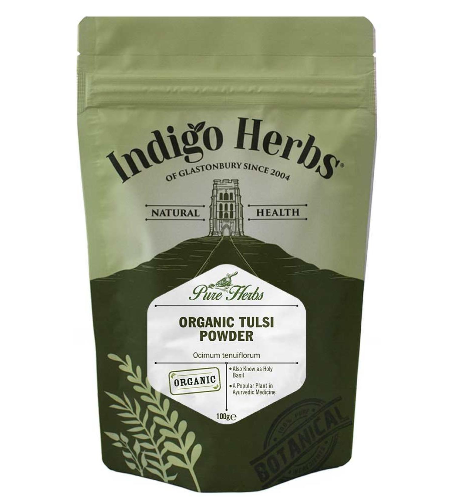 Organic Tulsi Powder 100g | Holy Basil Supplement by Indigo Herbs - Buy Online on GoSupps.com