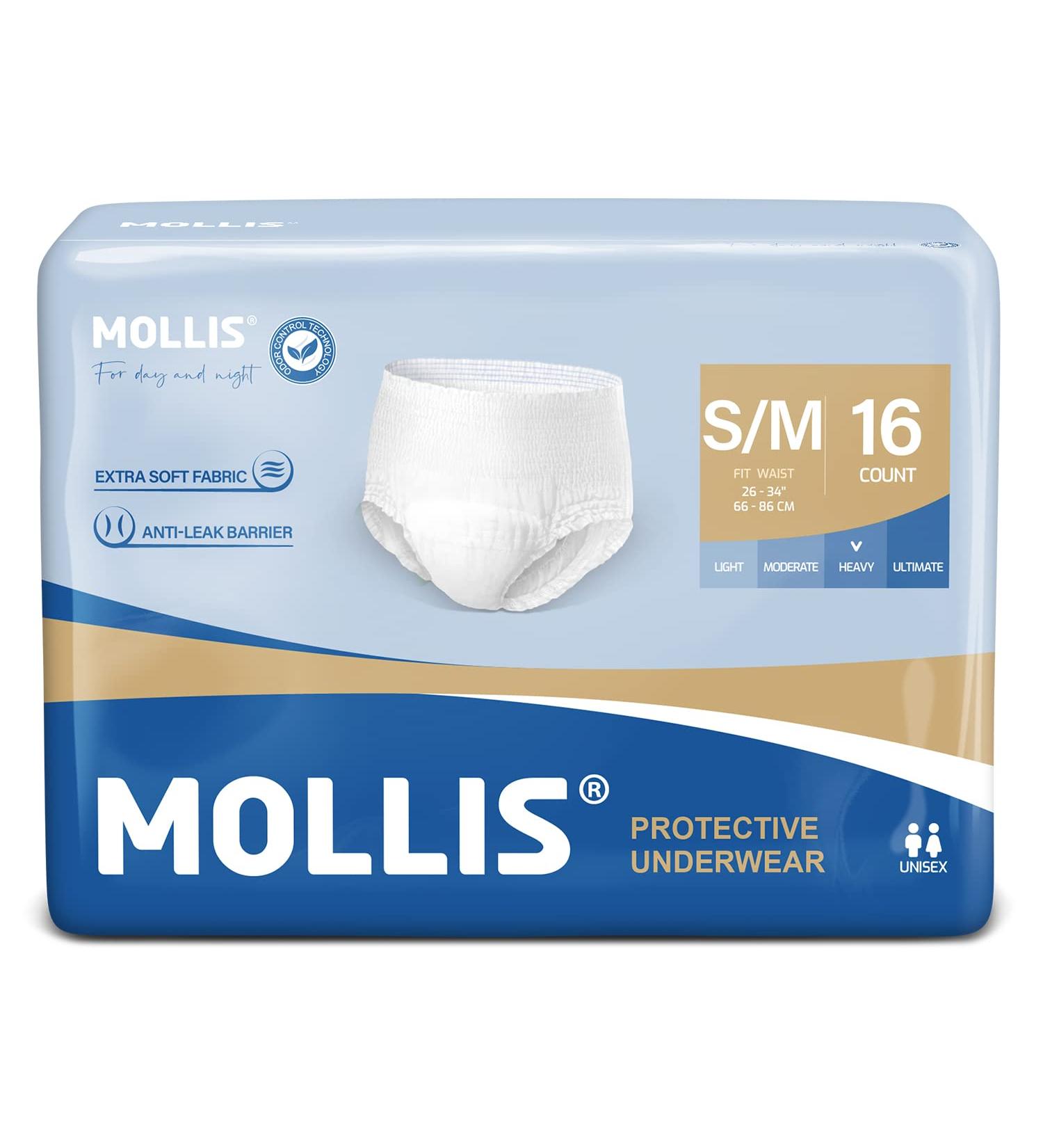 Mollis Incontinence Pants for Adults - Absorbent Disposable Diaper Pants Breathable Unisex Overnight Protection Size S/M (16 Pieces) - Buy Online on GoSupps.com