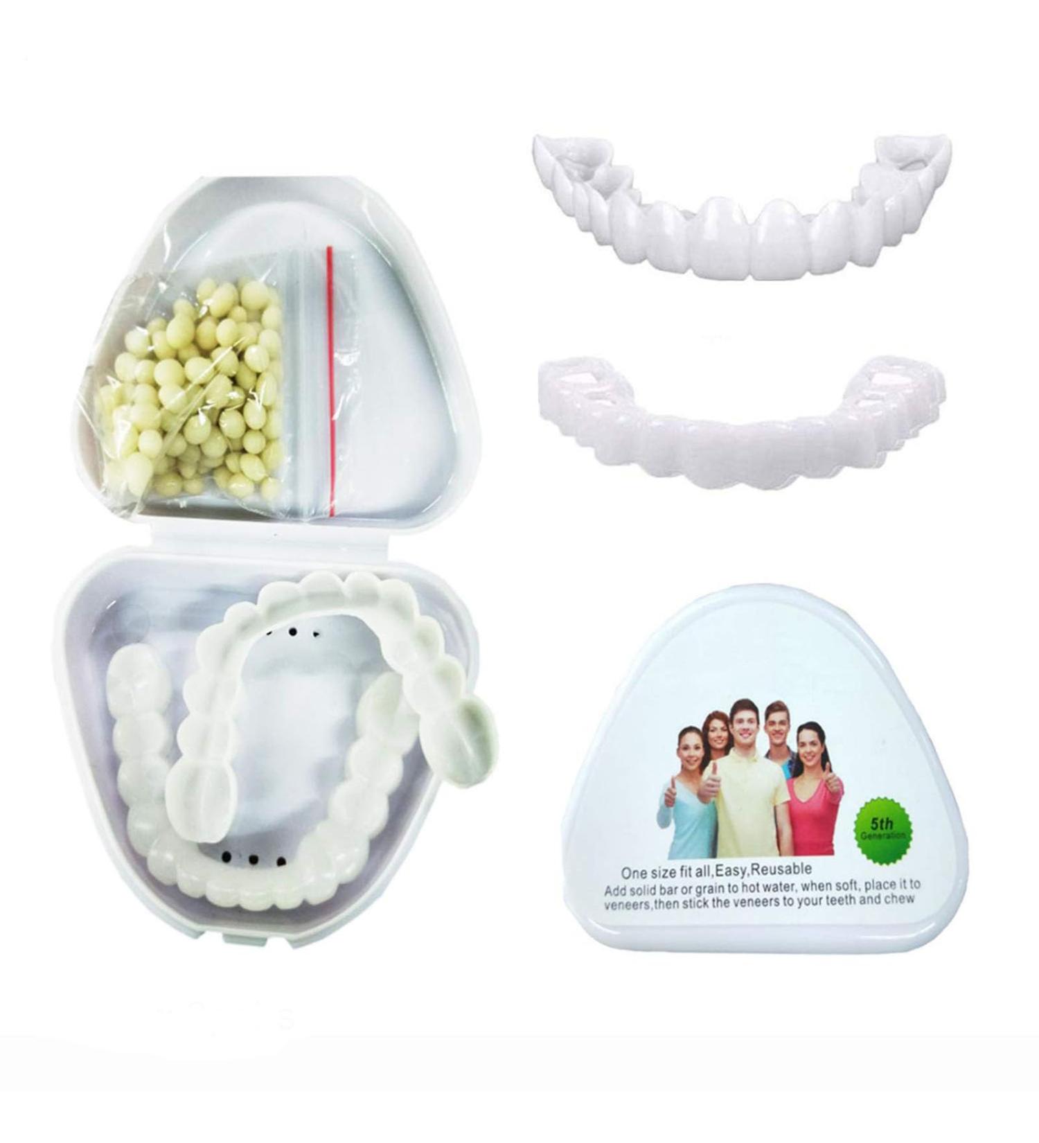 Flipped Warm False Teeth Veneers - 2 Pairs White Dentures for Men & Women | Provisional Cosmetic Teeth Set - Buy Online on GoSupps.com