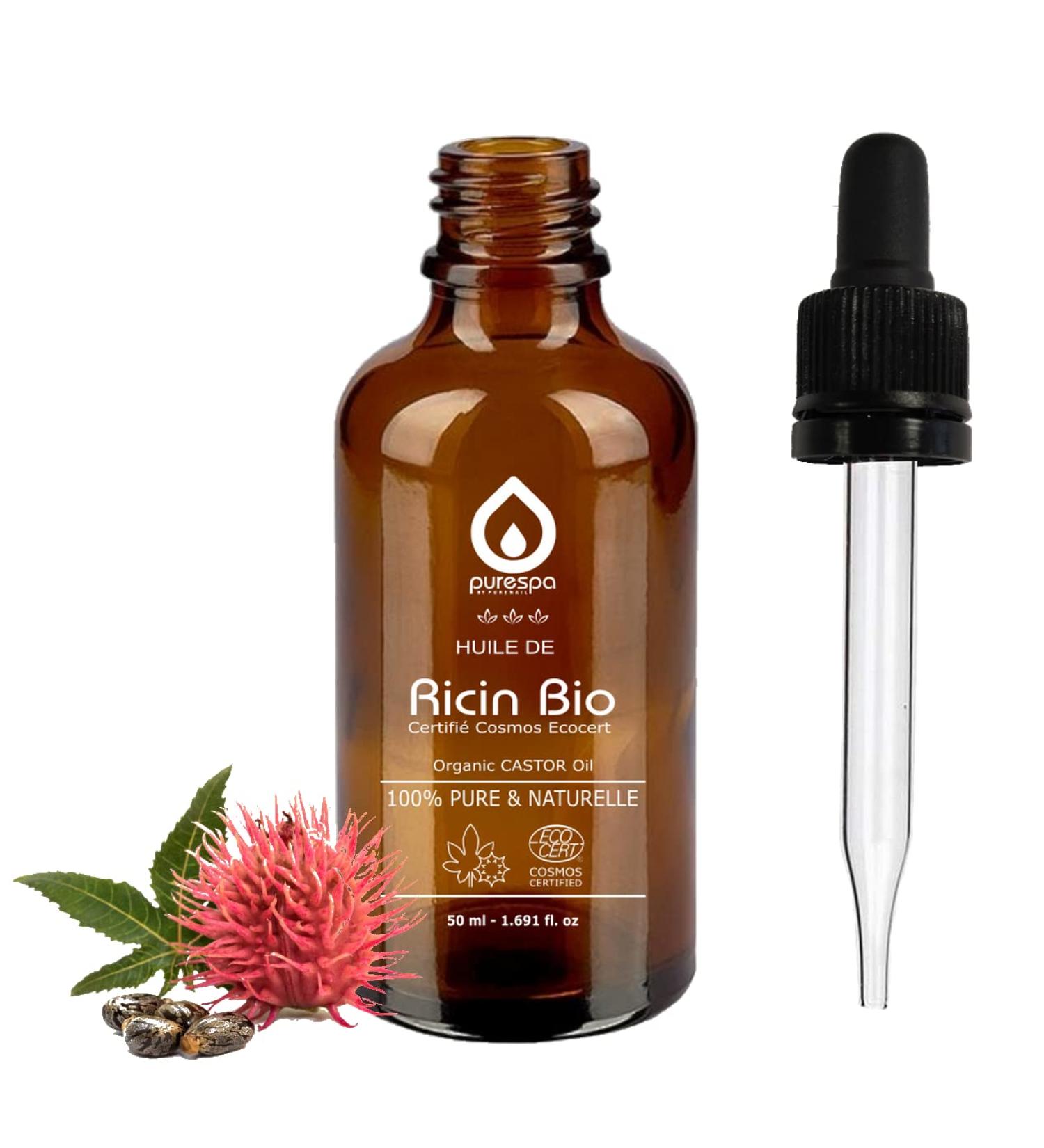 PURENAIL Purespa - Organic Castor Oil - 100% Pure - Natural - Cold Pressed - Cosmos Certified ECOCERT - Eyelashes - Eyebrows - Body - Hair - Beard - Nails - Castor Oil - Dropper + Glass Bottle (50 ml)