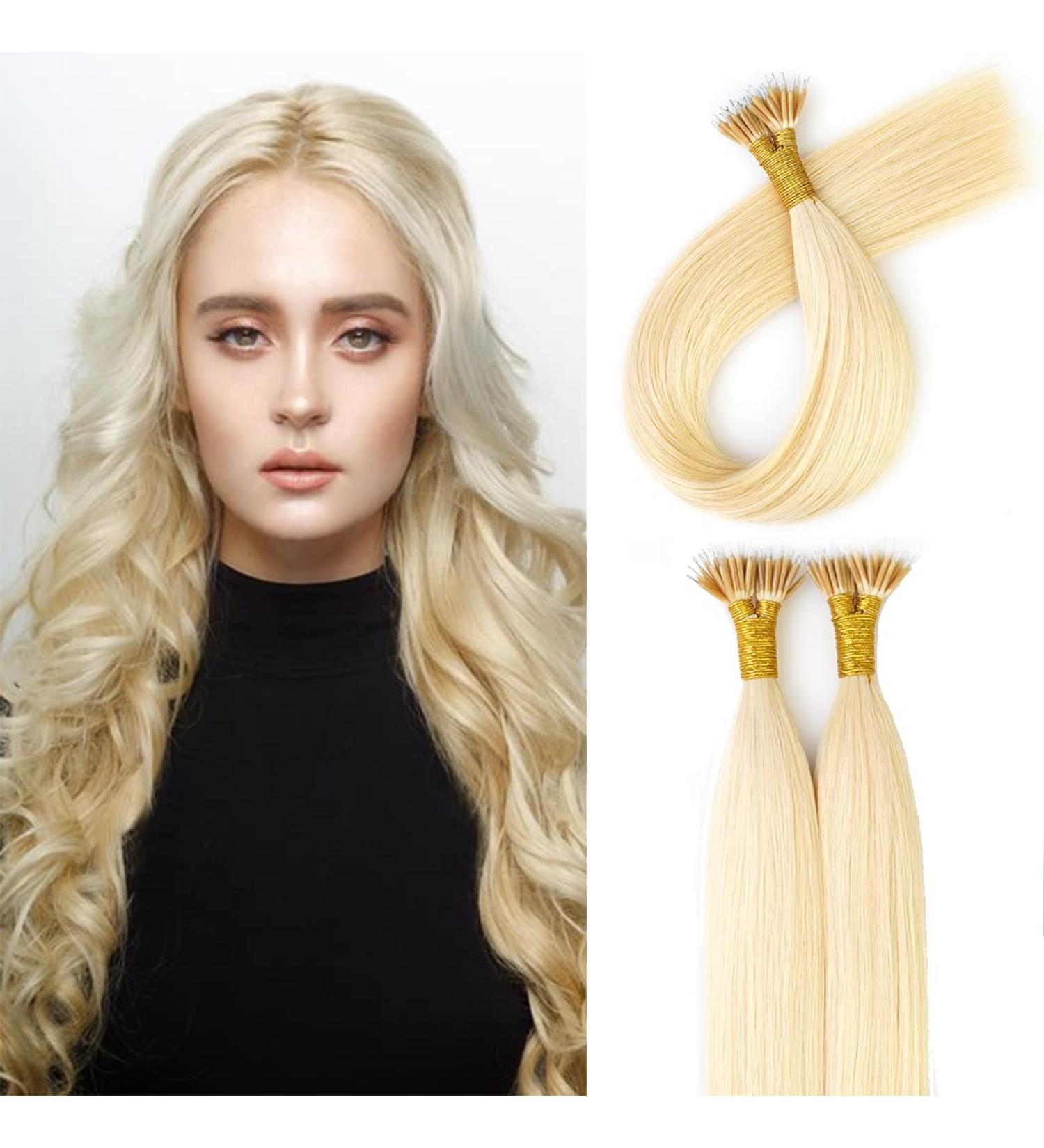 KOCONI 14 Inch Platinum Blonde Nano Ring Hair Extensions - Real Human Hair, Double Drawn Nano Tip Beads - 50g - 14 inch #613 Light Blonde - Buy Online on GoSupps.com