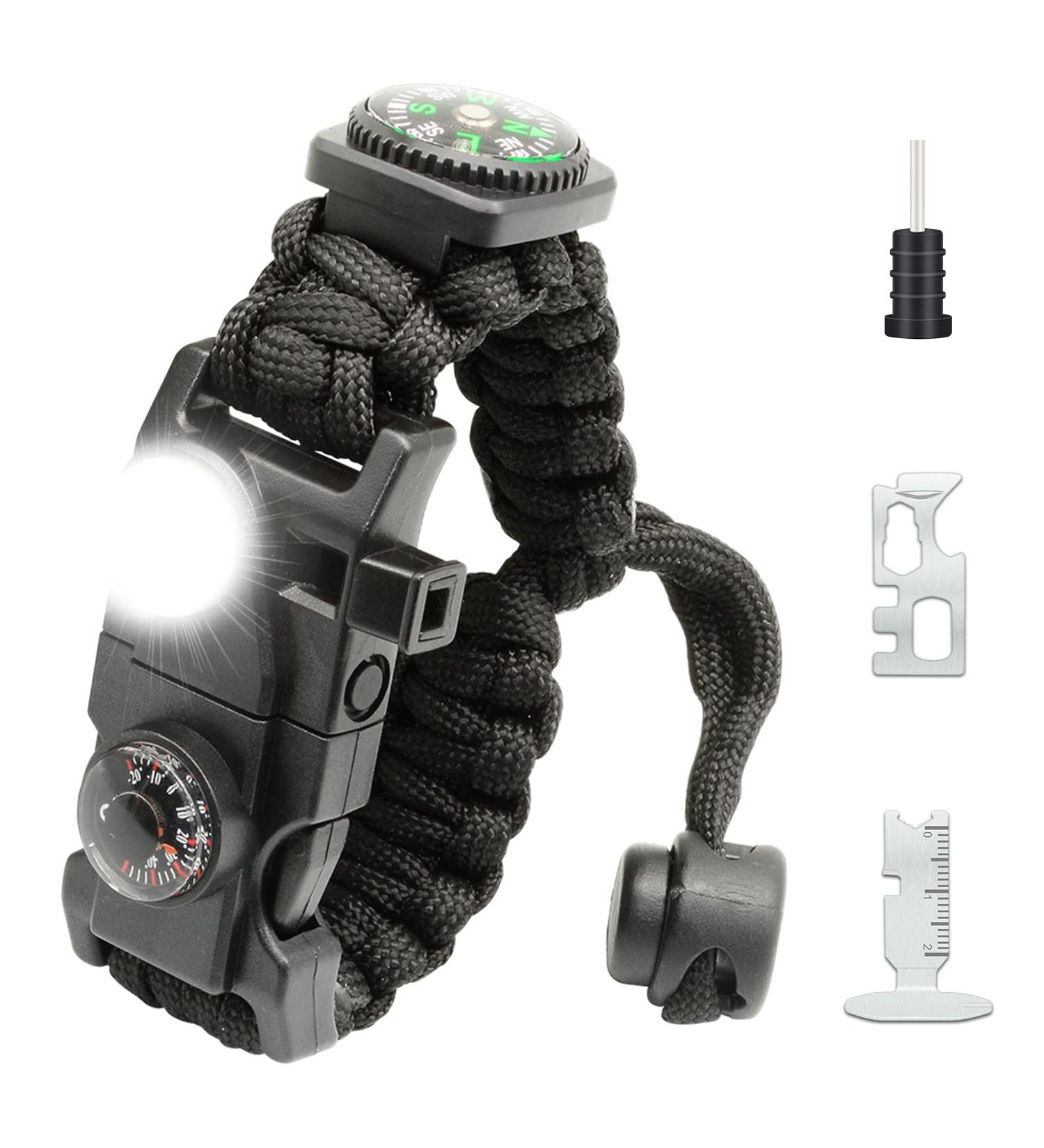 NVioAsport 20-in-1 Survival Paracord Bracelet with SOS LED Light, Fire Starter, Compass, Whistle Ideal for Camping, Hiking, Fishing | Adjustable Gear Kit in Black - Buy Online on GoSupps.com