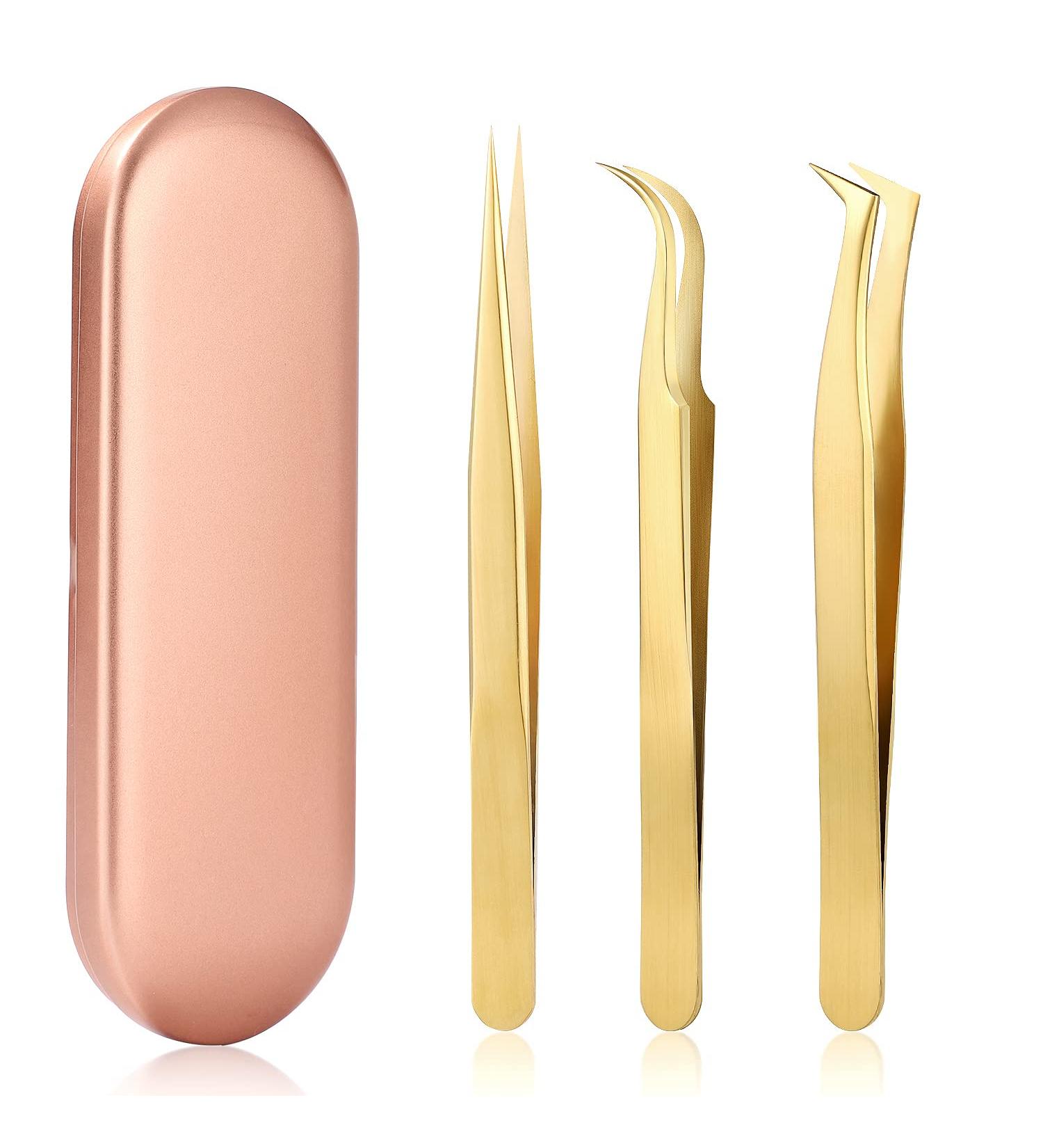 High Precision Lash Tweezers Set - 3 Stainless Steel Eyelash Tweezers for Classic & Volume Lash Extensions - Includes Storage Box - Gold - Buy Online on GoSupps.com