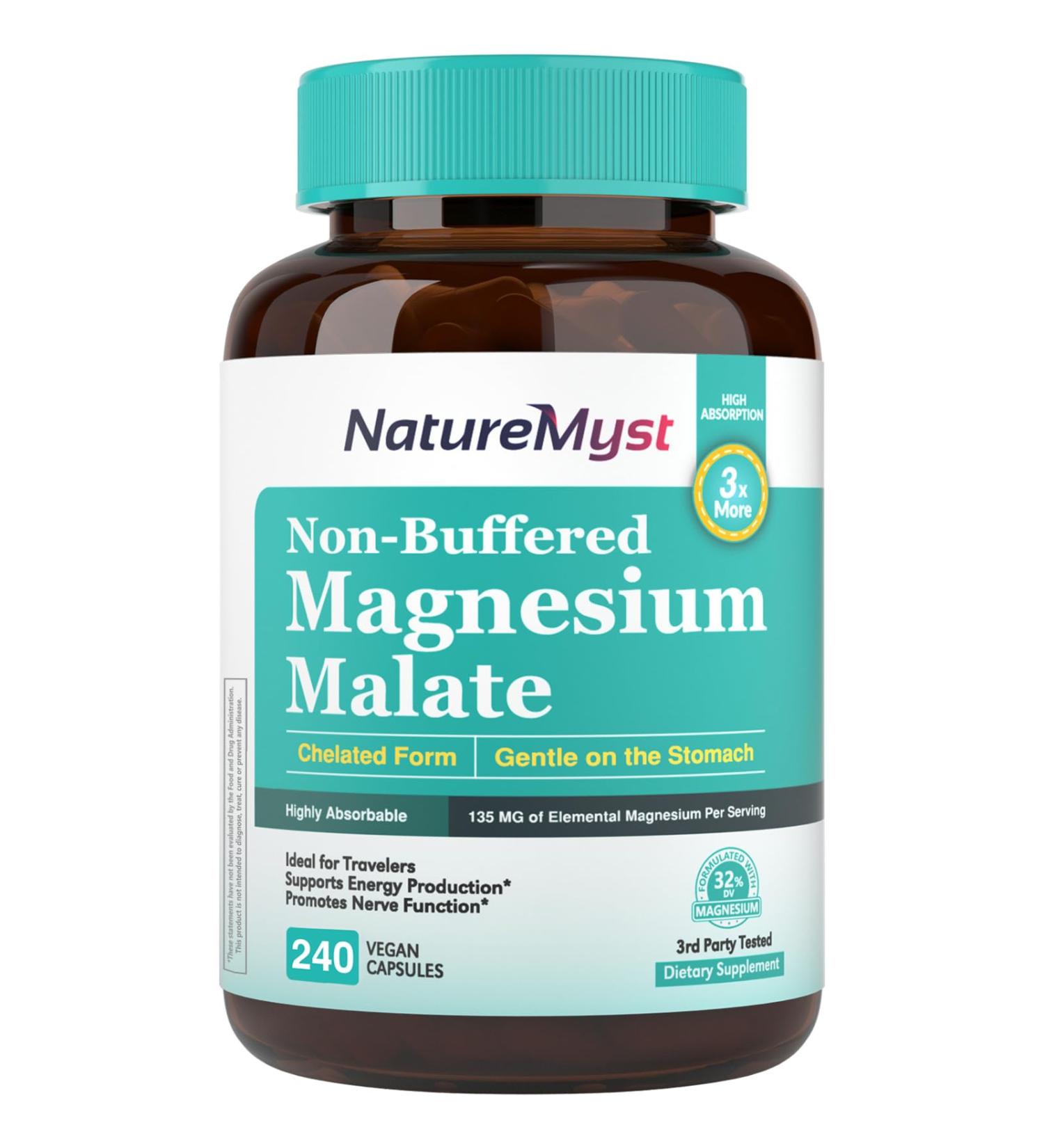 NatureMyst Magnesium Malate Chelated Form Highly Absorbable Non-Buffered Gentle on Stomach for Adults & Children Flexible Dose Energy Production Nerve & Muscle Function 240 Vegan Capsules - Buy Online on GoSupps.com