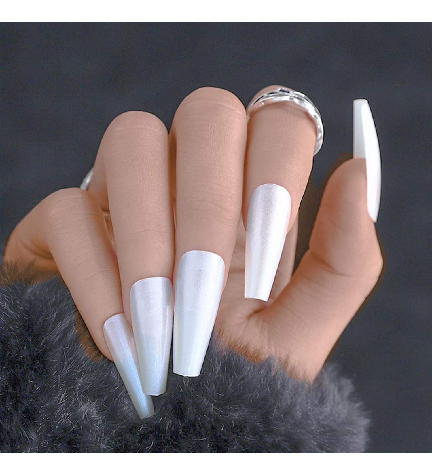Sethexy Glossy Ballerina Long Press-On Nails - Sparkle White Acrylic Fashion Tips - 24 Complete Coverage Nail Set for Women & Girls - Buy Online on GoSupps.com