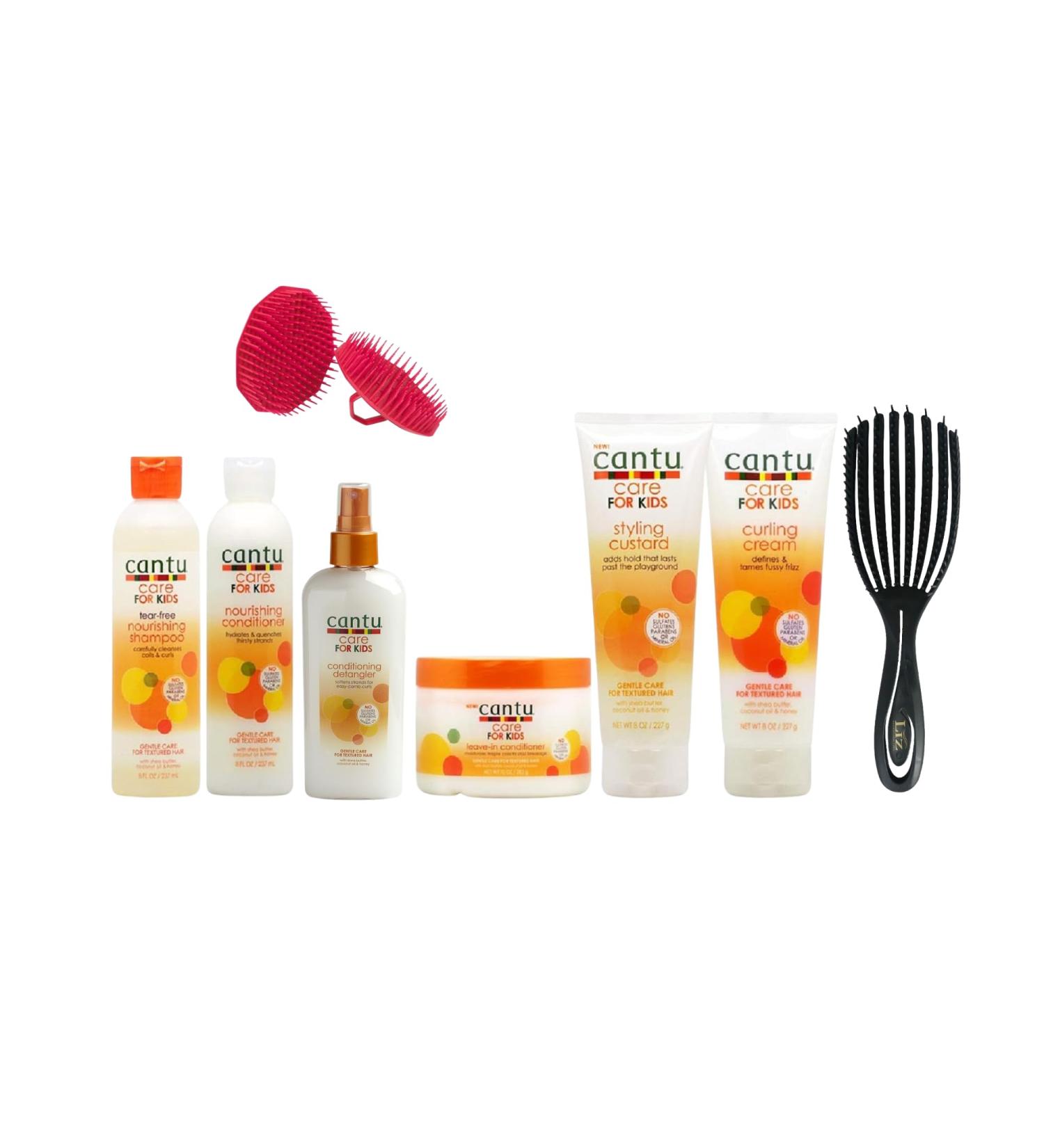 6-piece set of Cantu Care products for kids' hair including nourishing shampoo and conditioner a detangler a curling cream a styling custard a sculp message brush and a shampoo detangler brush variation in color  - Buy Online on GoSupps.com
