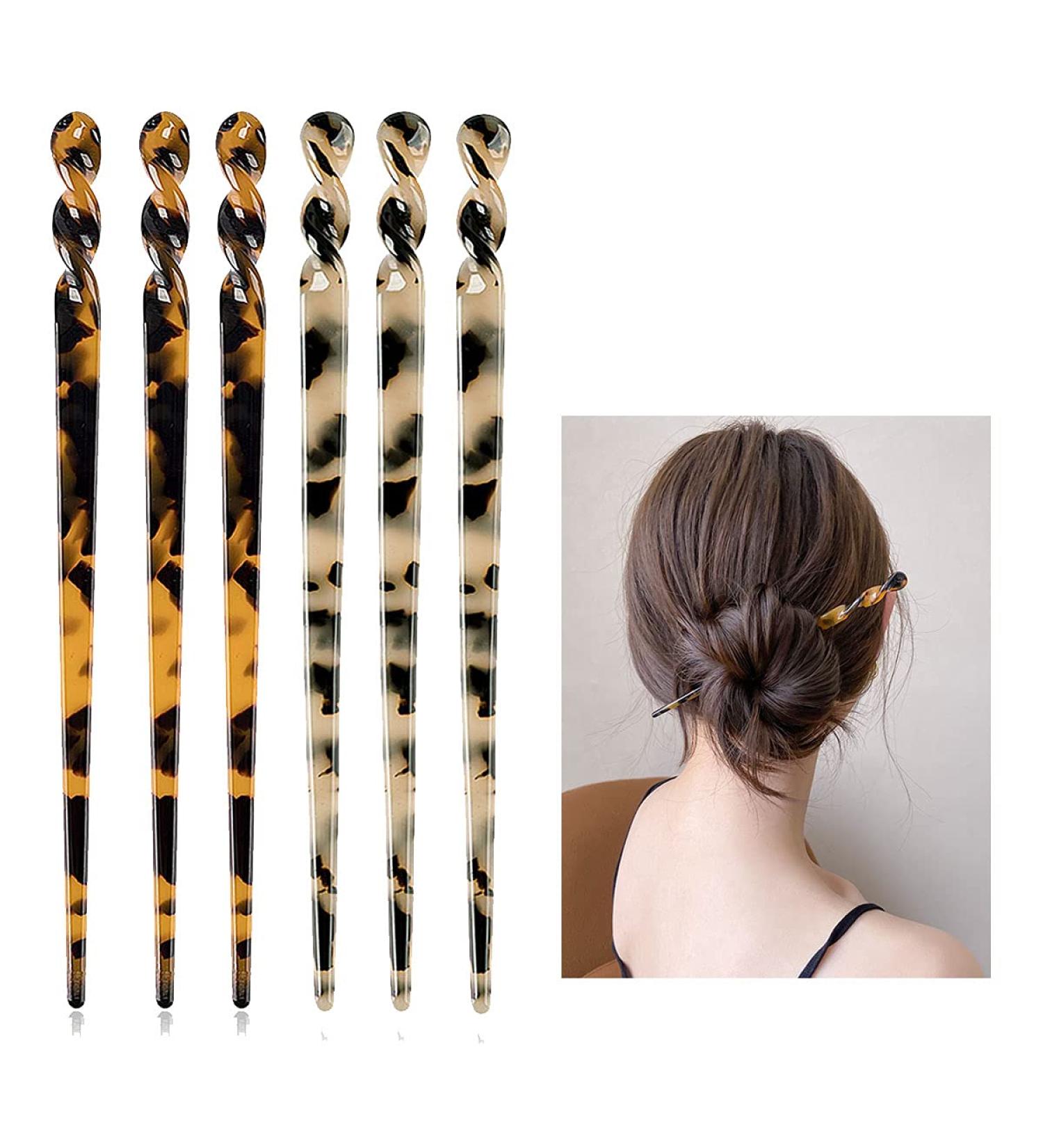 6 Pack Leopard Printed Acetate Hair Sticks Set for Women and Girls - Tortoise Shell Hairpin Chopsticks Styling Pin Accessories - Perfect Christmas Gift - Buy Online on GoSupps.com