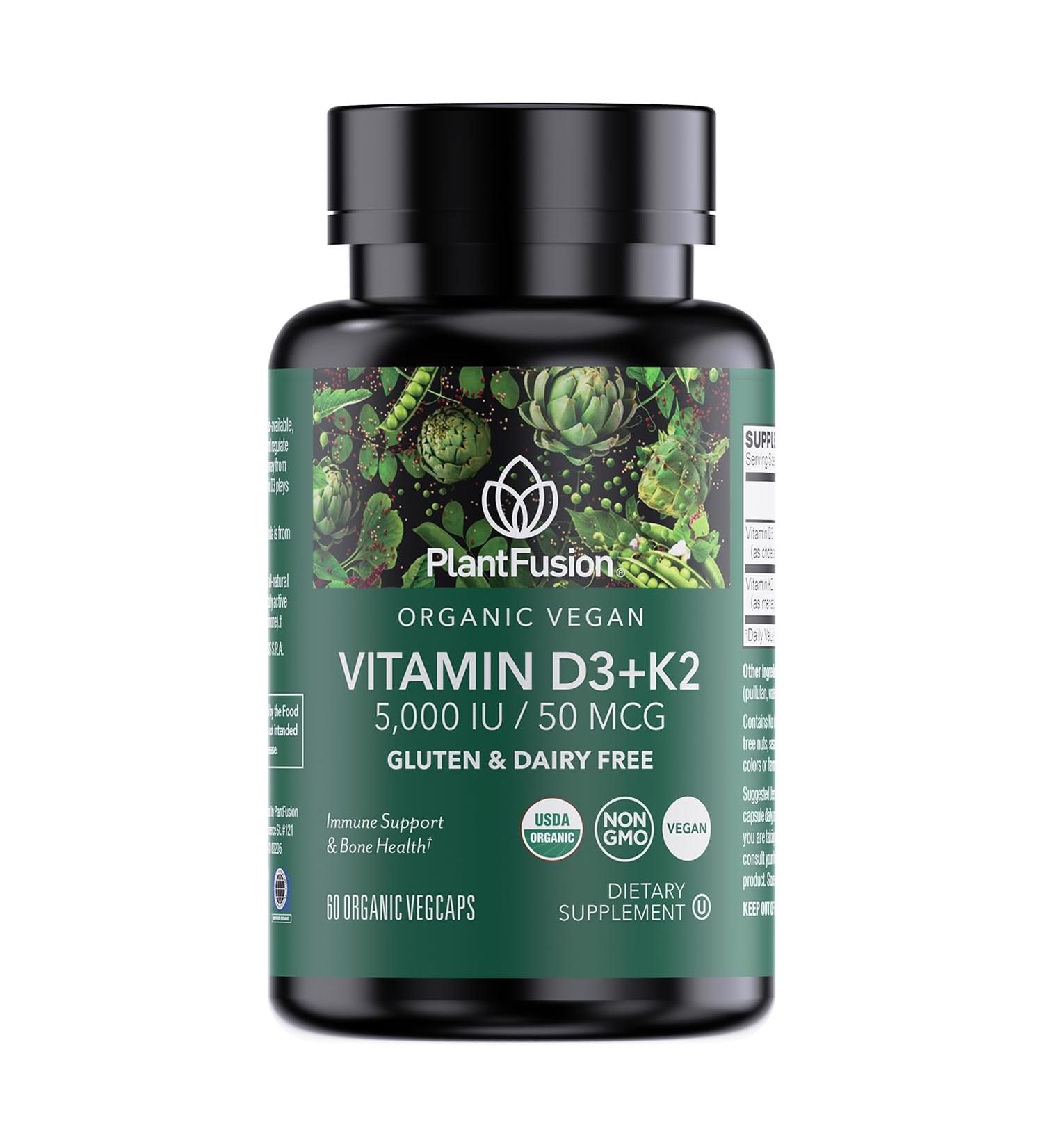 PlantFusion Organic Vegan Vitamin D3 + K2 5 000 IU 50MCG Vitamin D Sourced from Plant Based Lichen and Vitamin K2 for Immune Support and Bone Health - 60 Capsules 60 Count (Pack of 1) - Buy Online on GoSupps.com