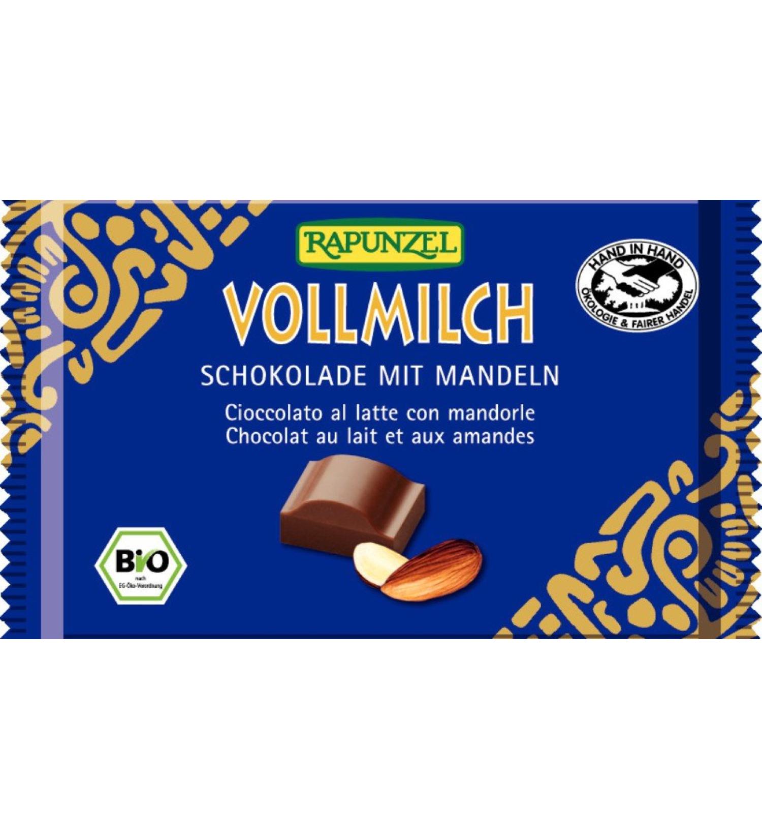 Rapunzel Naturkost Raiponzel Pack of 6 Whole Milk Chocolates with Whole Almonds (6 x 100g) Organic