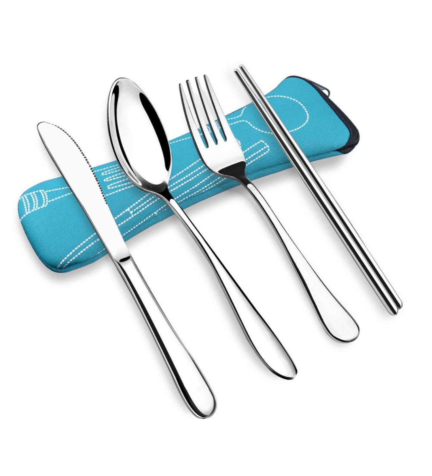 Travel Camping Utensils Set with Case - 4-Piece Flatware Set in Light Blue - Buy Online on GoSupps.com