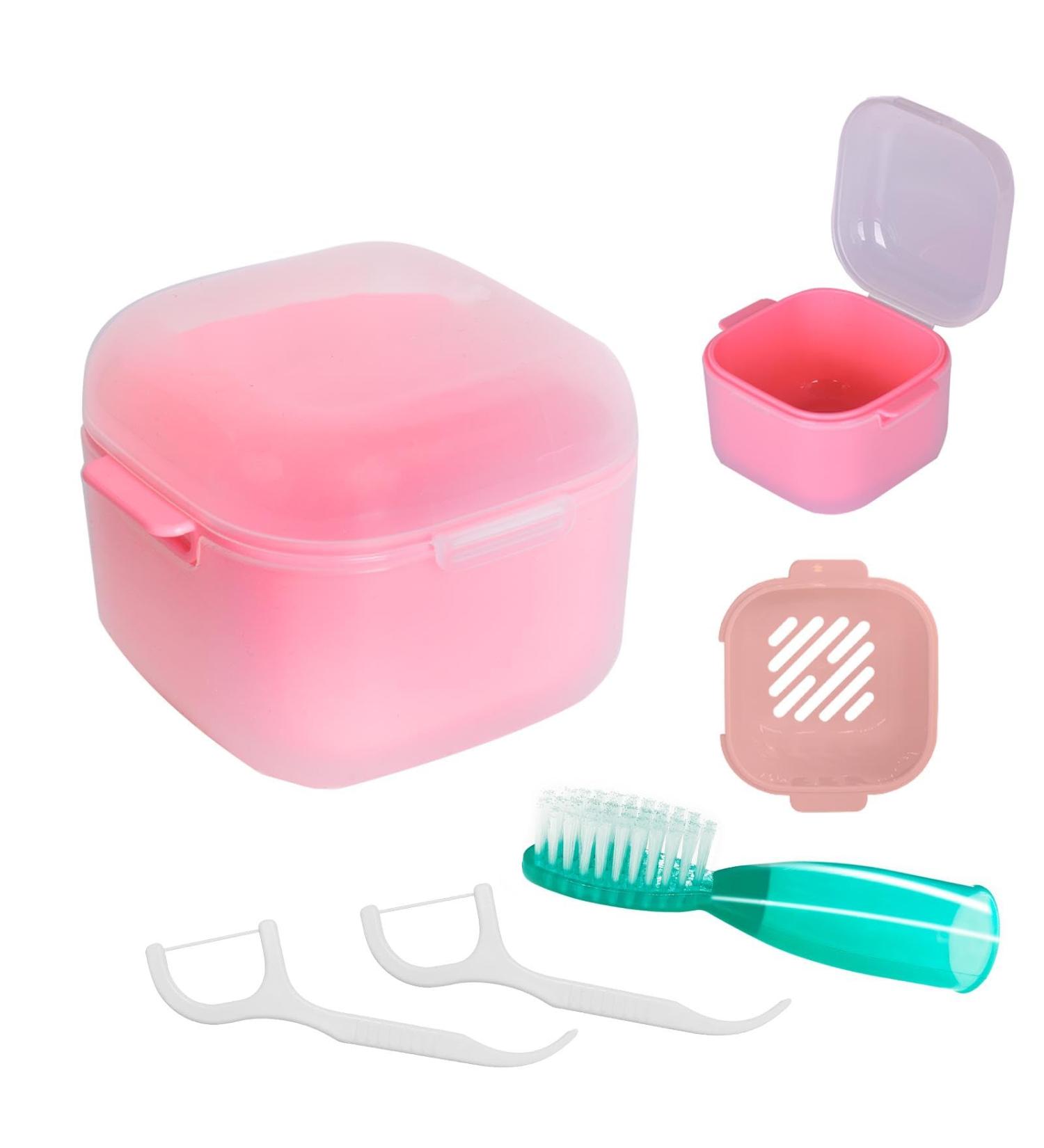 DIDATOOL Denture Cup Denture Bath for Soaking Dentures Denture Case with Lid Easy to Carry and Clean Denture Case with Removable Rinse Basket and Finger Toothbrush (Square Transparent Pink) Square Transparent Pink - Buy Online on GoSupps.com