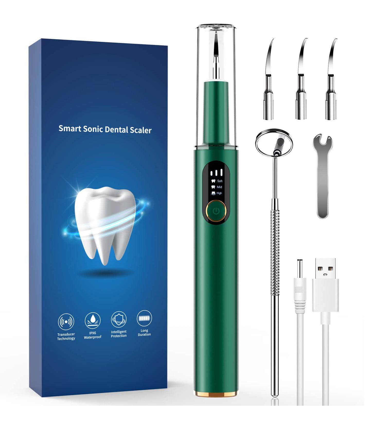 Electric Rechargeable Plaque Remover with LED Light - Teeth Cleaning Kit for Adults - Oral Care at Home - Green (3 Replacement Heads) - Buy Online on GoSupps.com