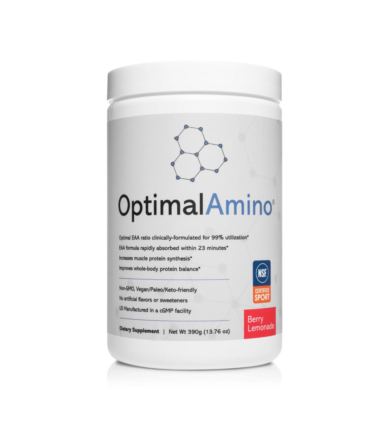 OptimalAmino Best Pre/Post Workout Recovery Drink, 99% Utilization Essential Amino Acid Supplement, NSF Certified for Sport Certified Berry Lemonade - Buy Online on GoSupps.com