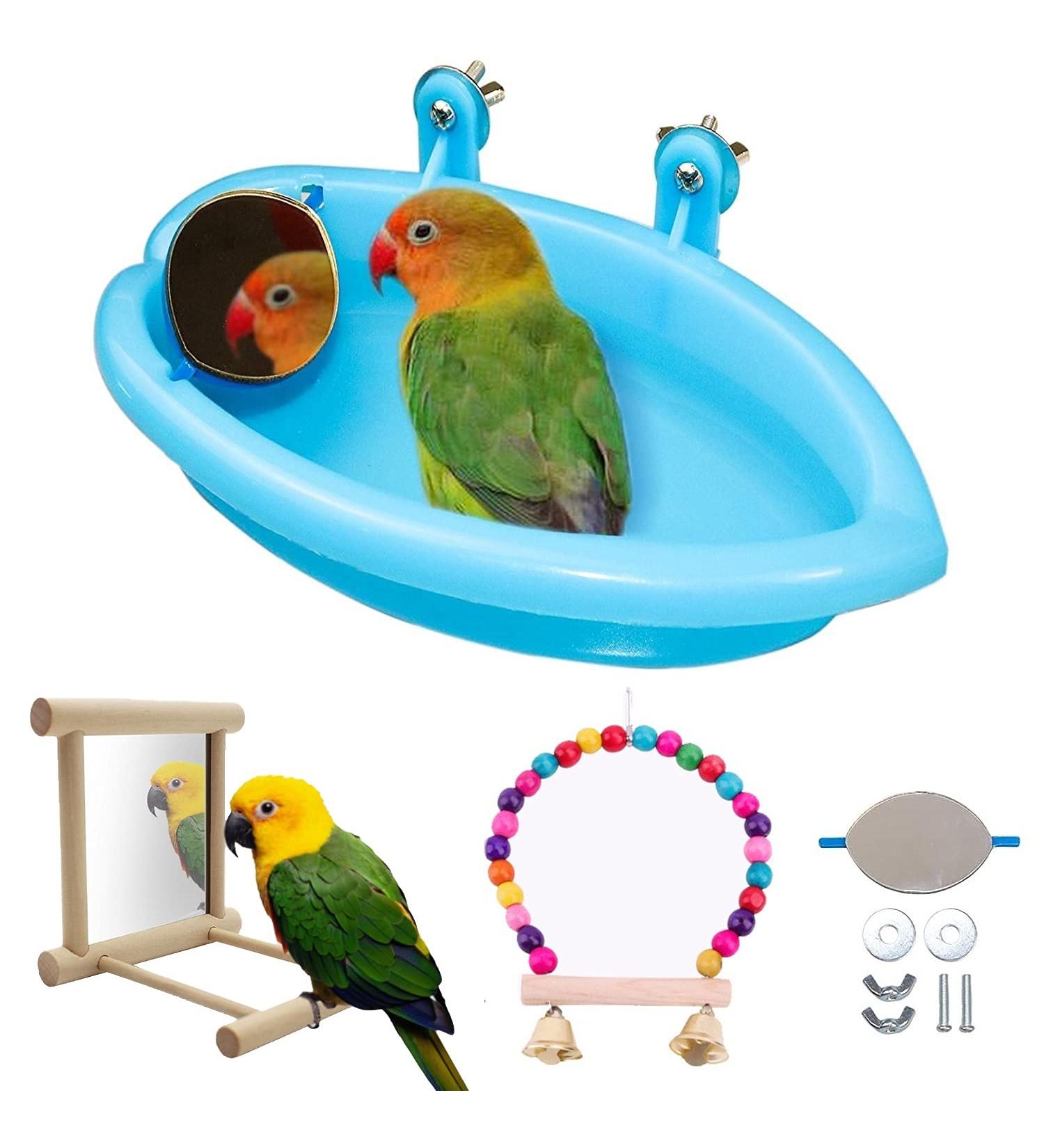 Wooden Bird Bathtub with Mirror, Swing & Perch Stand - 3 Pack Colorful Accessories for Budgerigar, Parakeet, Cockatiel, Conure, Lovebird, Cockatoo - Buy Online on GoSupps.com