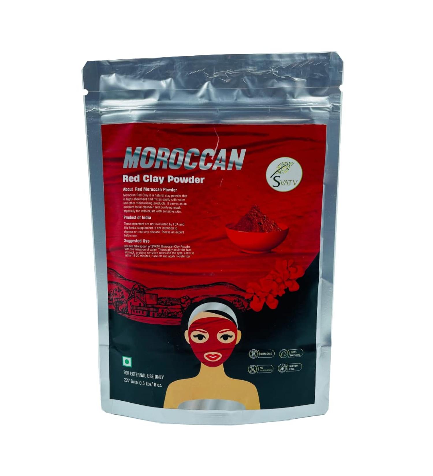 SVATV Herbal Red Moroccan Clay Powder - Anti-Ageing, Skin Firming, Hair Mask, Face Scrub - 227g - Buy Online on GoSupps.com