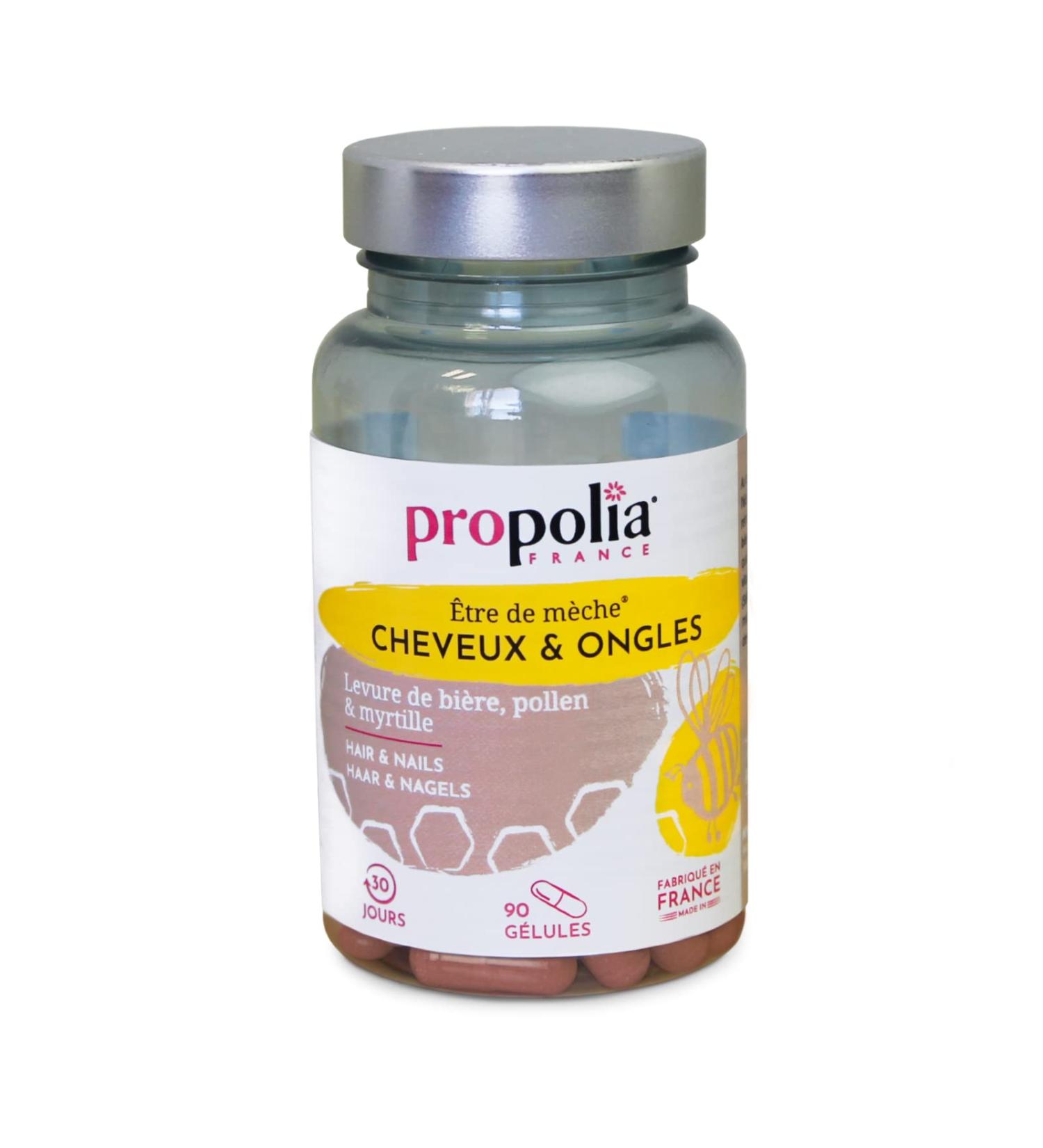 PROPOLIA - Hair & Nails - Fortification & Growth - Dietary supplement - Pollen Brewer's yeast Blueberry - Vitamins B5/B6/B8 & Zinc - Made in France - 90 capsules - 1 month cure - Buy Online on GoSupps.com