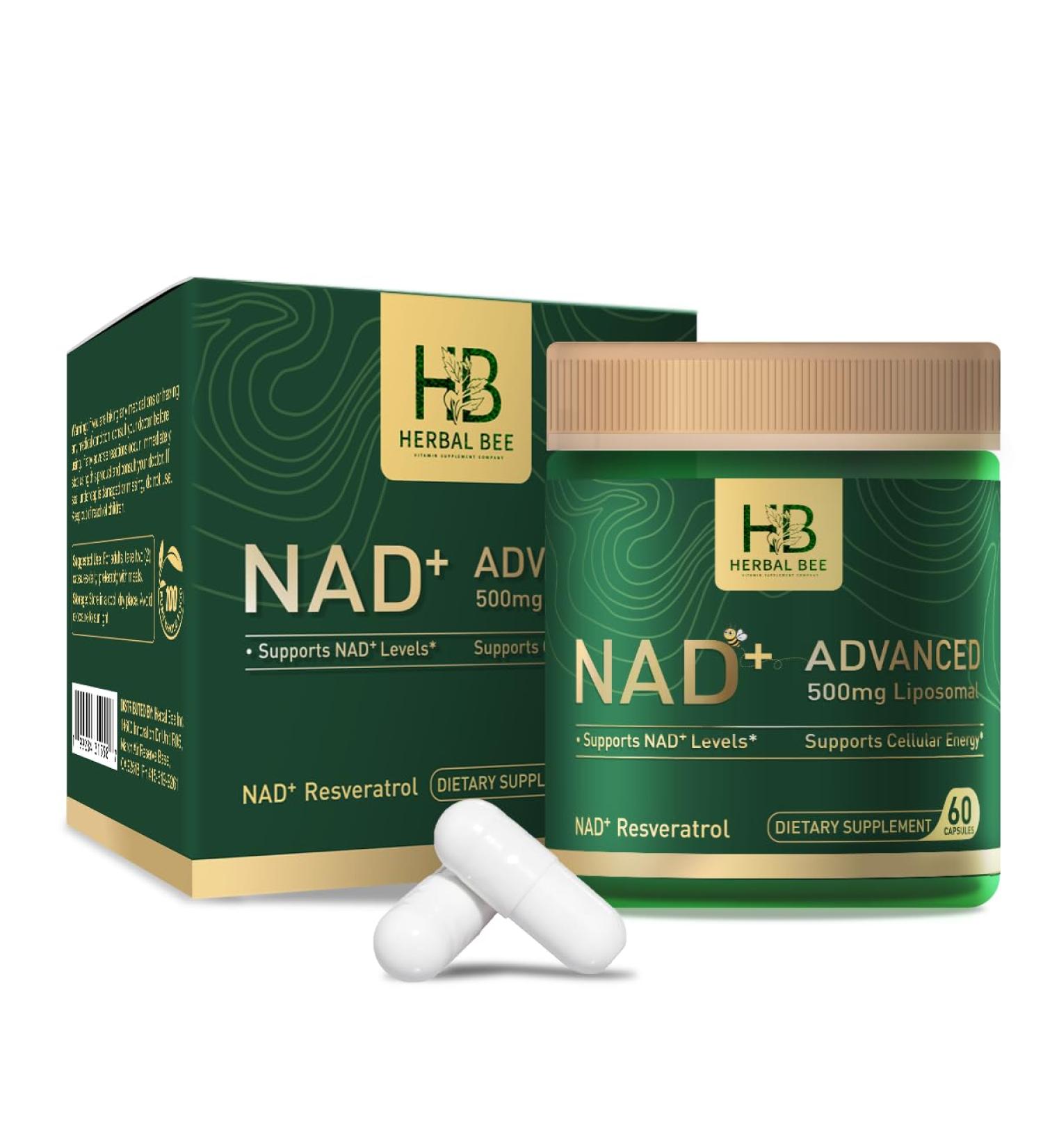 Herbal Bee Liposomal NAD+ Supplement 500 Mg with NAD Trans-resveratrol 50 Mg Cellular Energy & Mitochondrial Support Healthy Aging & Antioxidant Support 60 Capsules (30 Servings) - Buy Online on GoSupps.com