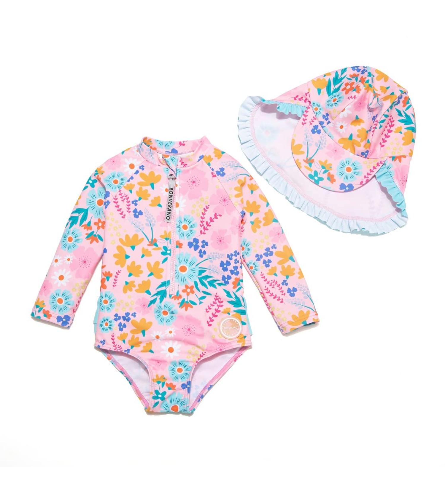 Bonverano Baby Girls Long Sleeve Swimsuit UPF 50+ Sun Protection 9-12 Months Pink Blue - Buy Online on GoSupps.com