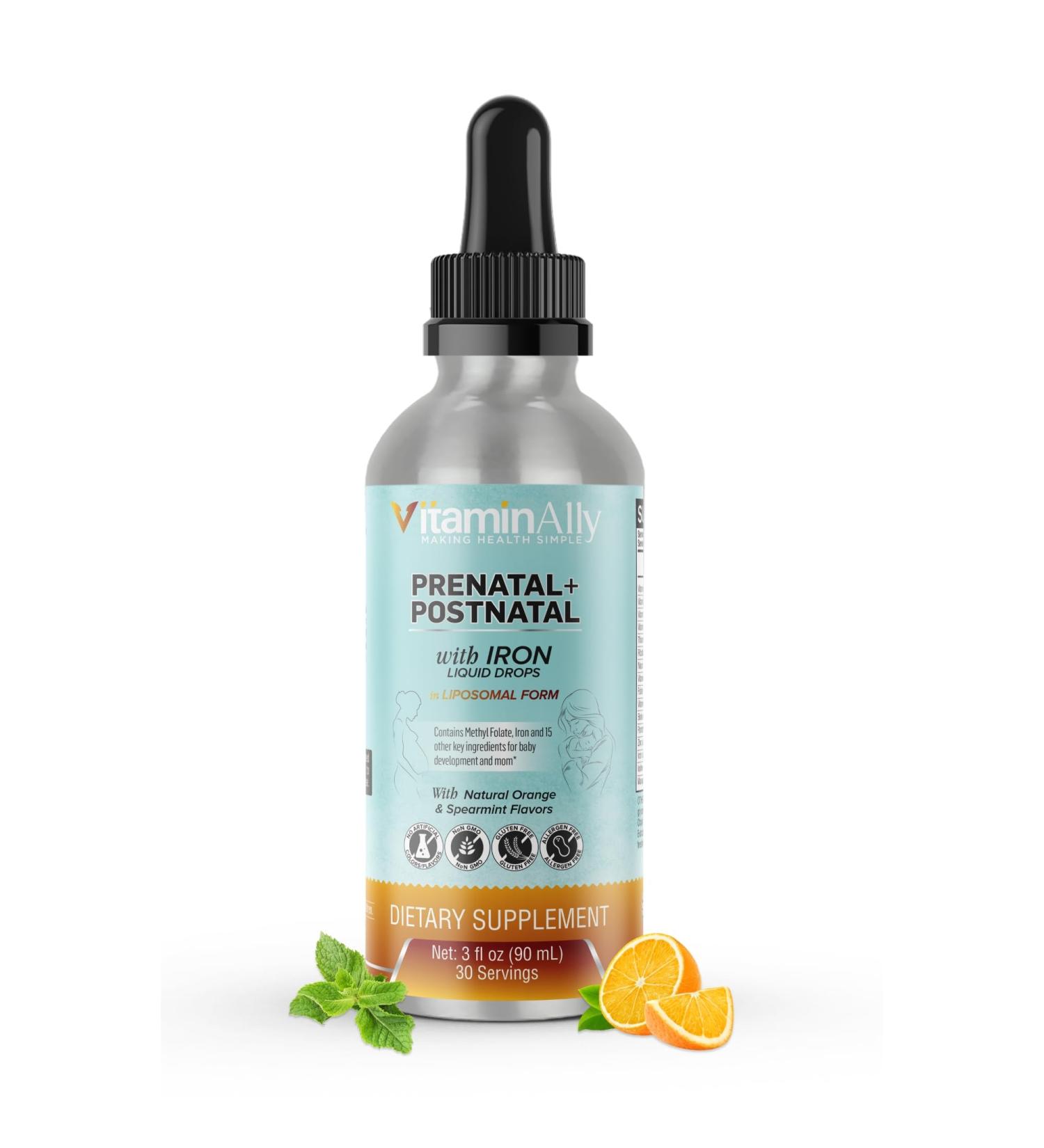 Vitaminally Prenatal + Postnatal Liposomal Liquid Drops with Iron - 30 Day Supply - 3 FL Oz - Non-GMO & Gluten Free - Supports Baby Development and Mom - Easy to Swallow - Buy Online on GoSupps.com