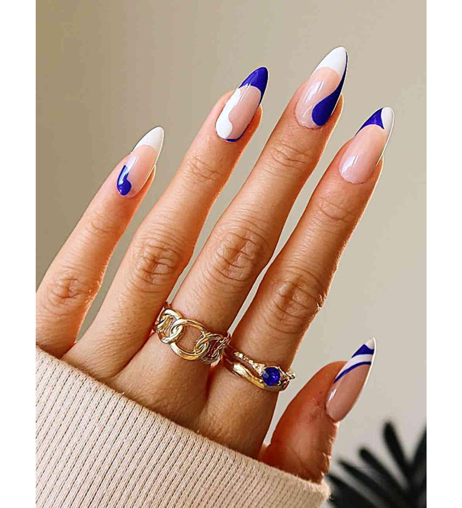 Sankki Almond French Tip Press on Nails - 24Pcs Blue White Abstract Design | Medium Length Nude False Nails for Women and Girls - Buy Online on GoSupps.com