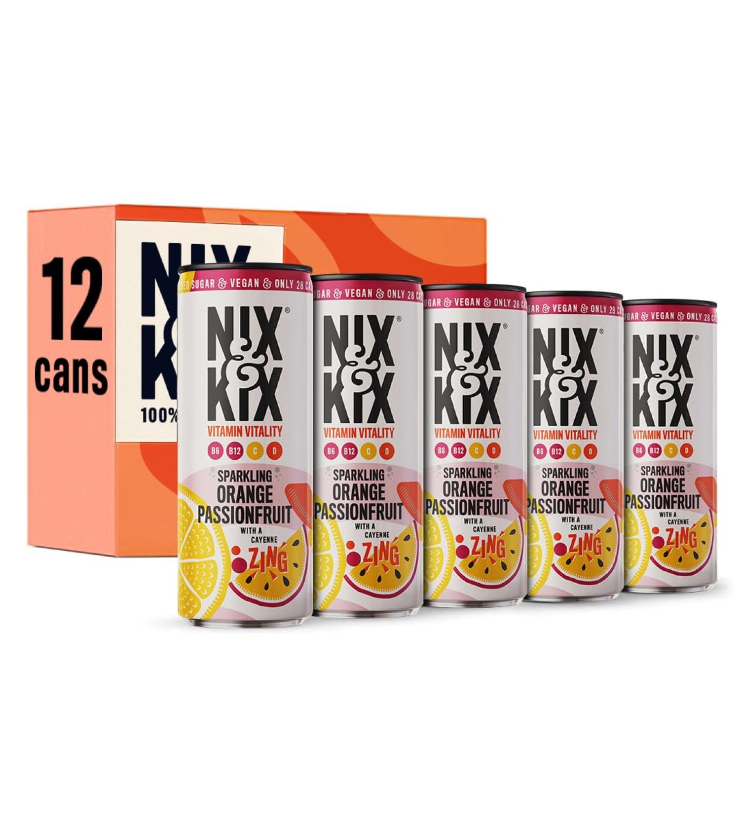 Nix & Kix | Vitamin Vitality | Sparkling Orange and Passionfruit with Added Vitamins | Vitamins B6 B12 C and Vitamin D Natural Drink | Low Sugar and Vegan Friendly | 12 x Can Pack Orange & Passionfruit - Buy Online on GoSupps.com