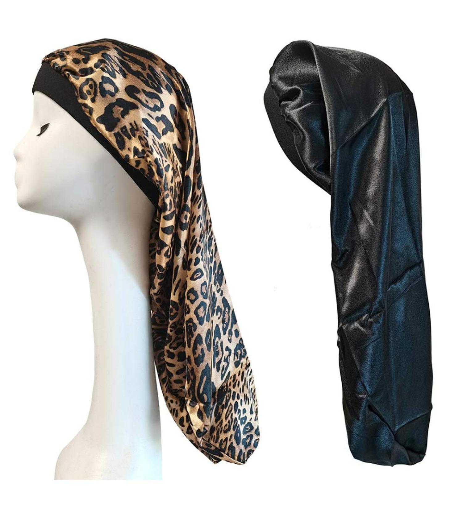 2PCS Satin Bonnet Set for Extra Long Braids & Dreadlocks - Night Caps for Women with Curly Hair, Locs, and Twists (Black & Leopard) - Buy Online on GoSupps.com