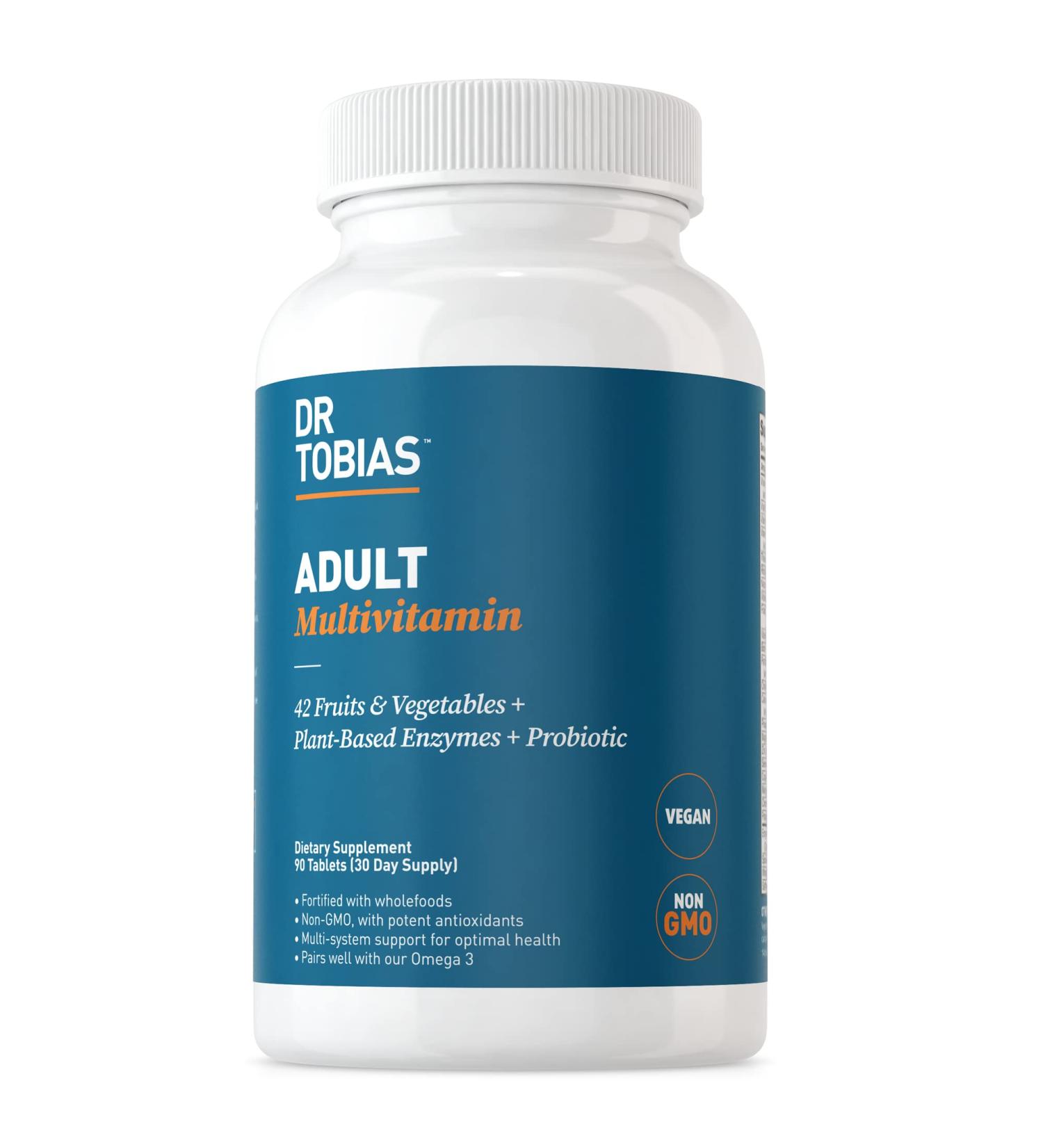 Dr. Tobias Adult Multivitamin for Energy & Immune Support, 90 Tablets - Non-GMO, 42 Fruits & Vegetables, Probiotics - Daily Multivitamins for Men & Women - Buy Online on GoSupps.com