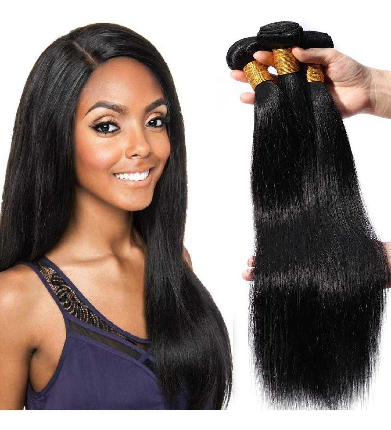 Brazilian Human Hair 3 Bundles Straight Virgin Weave - 100% Natural Black Hair Extensions (14) - Buy Online on GoSupps.com