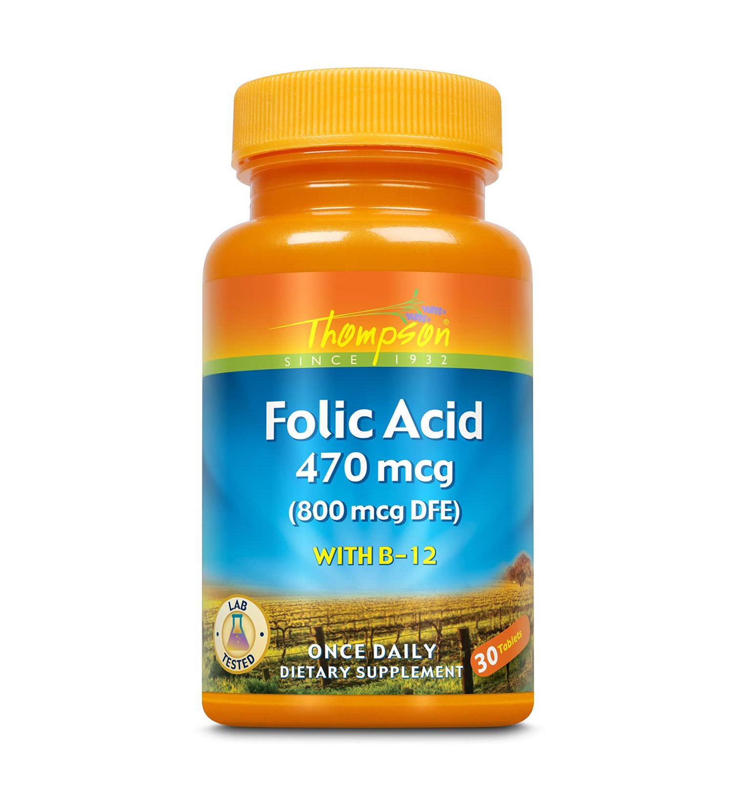 Thompson Folic Acid Plus B-12 800 mcg - 30 Tablets | Supports Energy & Wellness - Buy Online on GoSupps.com