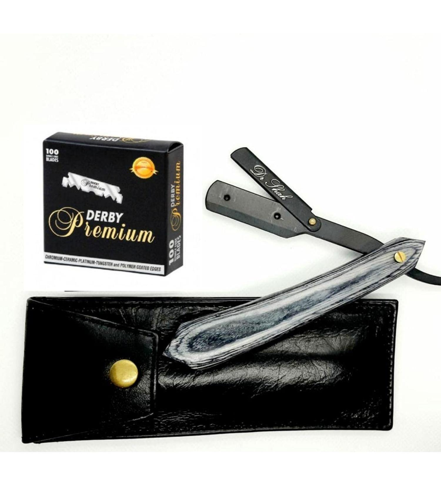 Grey Wood Razor Set for Men | Includes 100 Half Derby Blades & Leather Pouch | Perfect for Barbers & Hairdressers - Buy Online on GoSupps.com