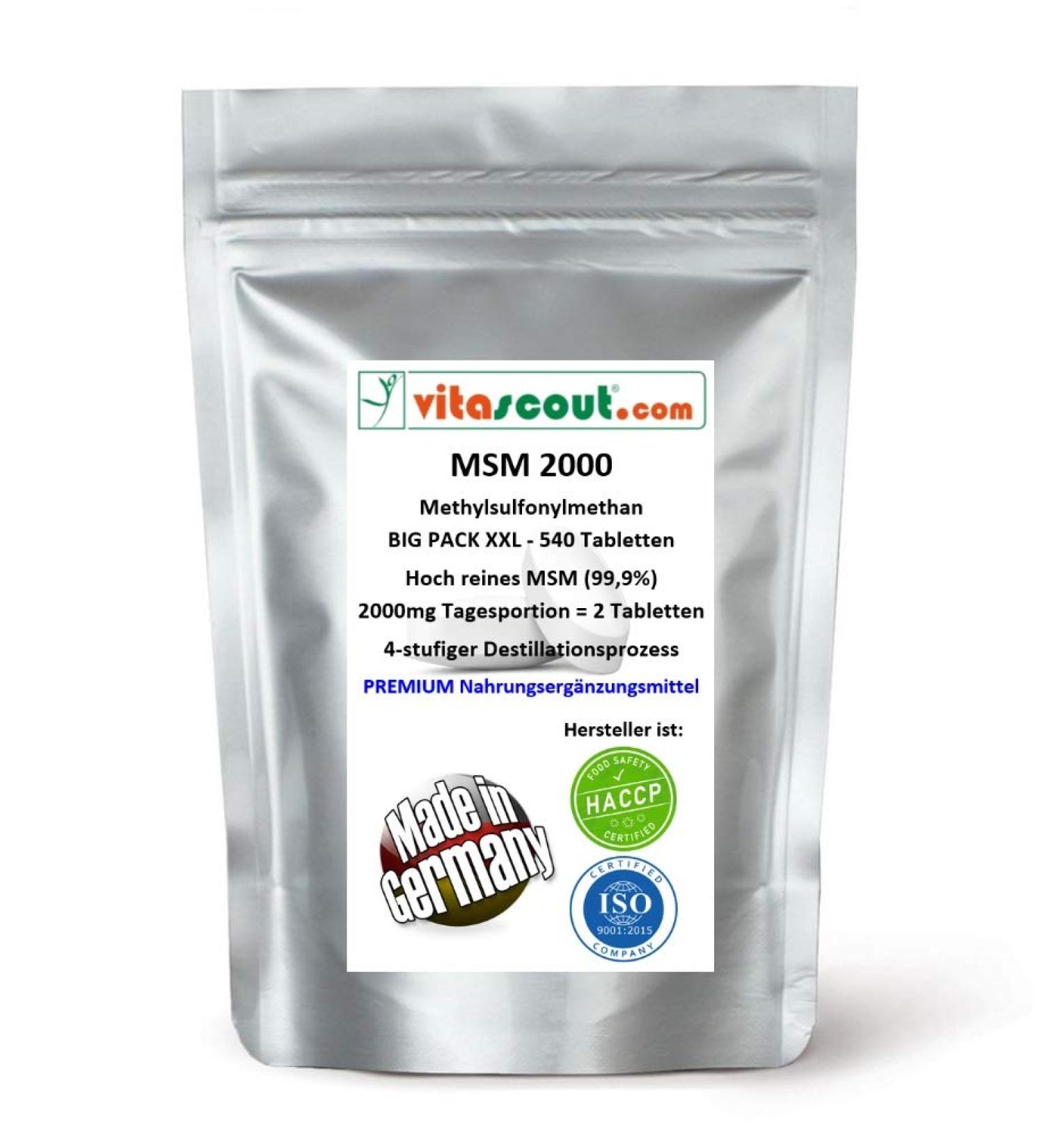 MSM Methylsulfonylmethane 540 Tablets - 2000mg Daily Dose 99.9% Pure - Lab Tested - Made in Germany - High-Dose Supplement - Buy Online on GoSupps.com