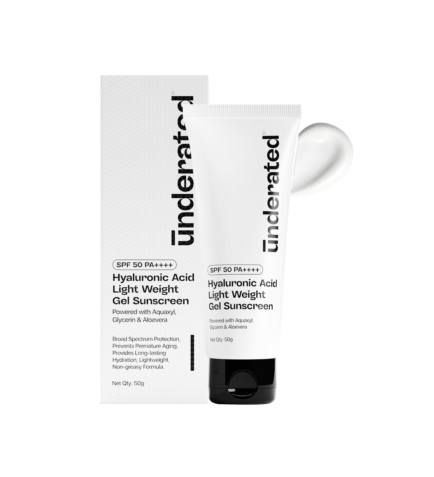 Underated Lightweight Gel Sunscreen SPF 50 PA++++ | Hydrating Formula with Hyaluronic Acid Aquaxyl & Aloe Vera | Non-Greasy Broad Spectrum | For All Skin Types | 50g - Buy Online on GoSupps.com