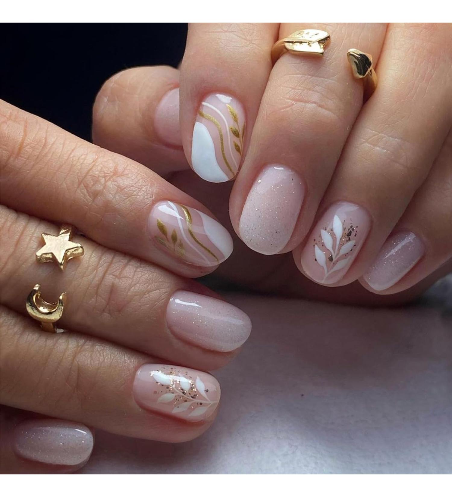 SINLOV Short Square Fake Nails Flower Glossy Press on False Nails Pink Nude Crystal Ballerina Artificial Finger Nails French Full Cover False Nails for Women and Girls - Buy Online on GoSupps.com