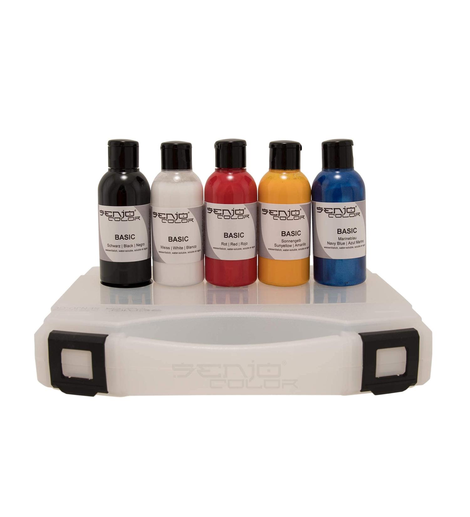 Senjo Color Basic Brush & Airbrush Bodypainting Colors Set - 5 x 75ml for Face & Body - Black White Red Yellow Blue in Suitcase - Buy Online on GoSupps.com