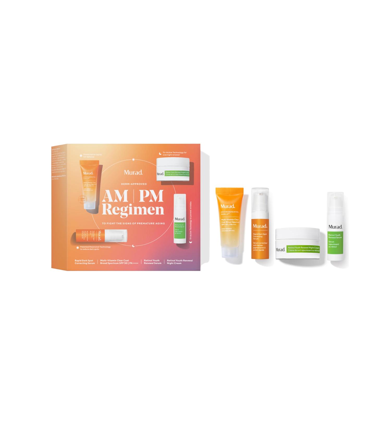Murad AM/PM Regimen - 4 Piece Day & Night Trial Kit for Healthy Skin | Multi Vitamin Clear Coat SPF 50 Dark Spot Serum Retinol Serum & Night Cream - Buy Online on GoSupps.com