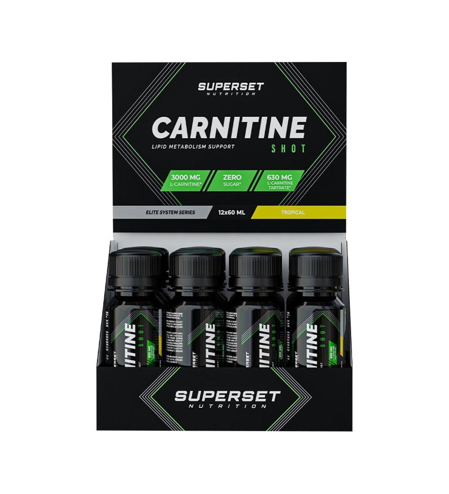 Superset Nutrition - Carnitine Shot (12x60ml) - L-Carnitine in oral solution for optimal absorption - Ideal in dry periods! -Tropical flavor - Buy Online on GoSupps.com