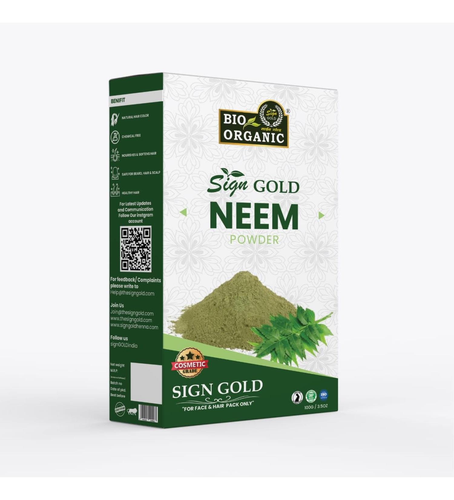 sign GOLD BIO ORGANIC Pure Neem Powder | Pure Wild-Crafted Neem Leaf Powder | Supplement for Skin and Hair | Azadirachta Indica (3.5 oz - 100grams - 0.2 lb)