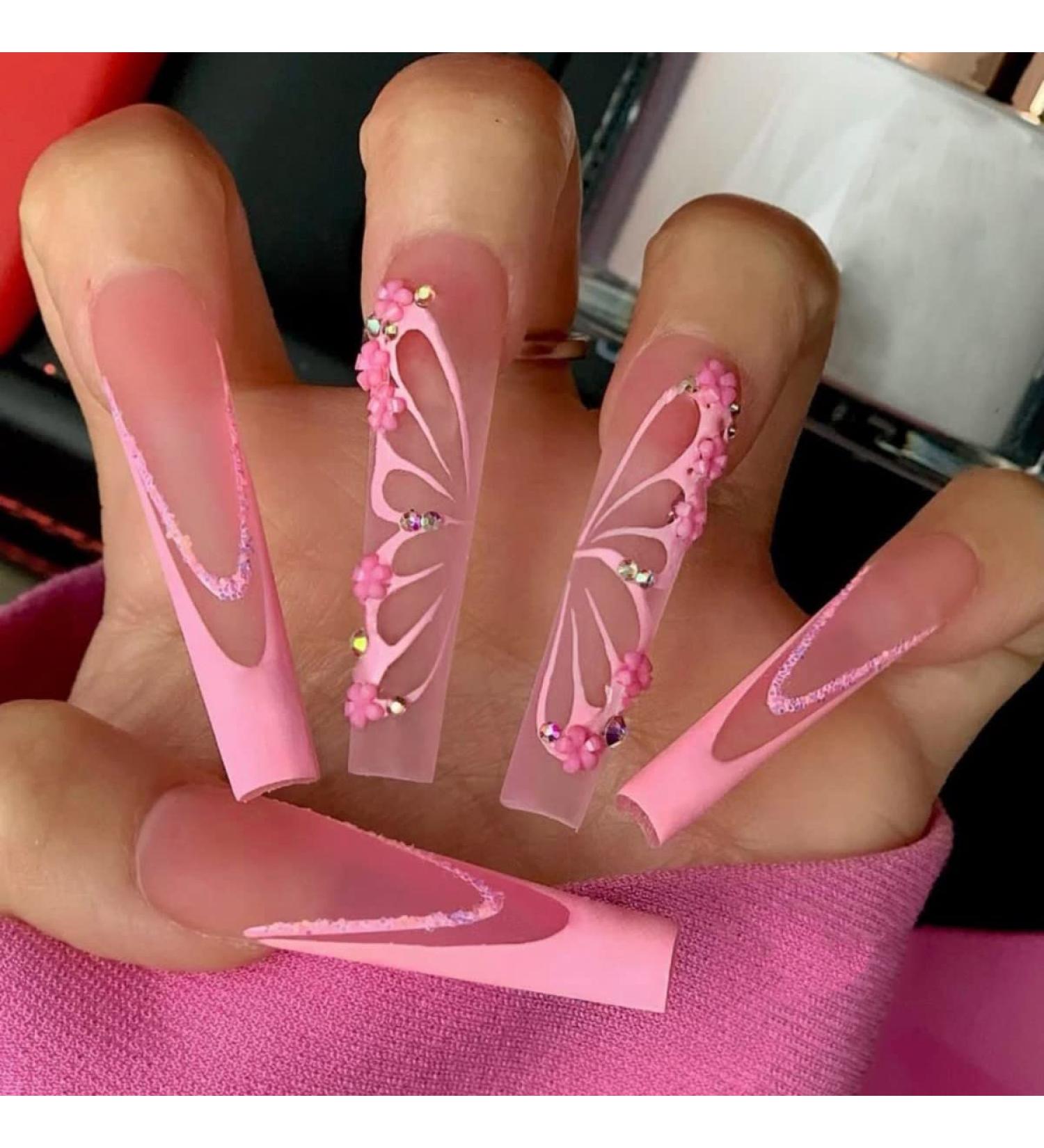 Justotry 24 Pcs Floral False Nails - Pink Butterfly French Press On Nails | Diamond Ballerina Stick On Nails for Women - Medium Acrylic Coffin Fake Nails with Glue for Nail Art - Buy Online on GoSupps.com