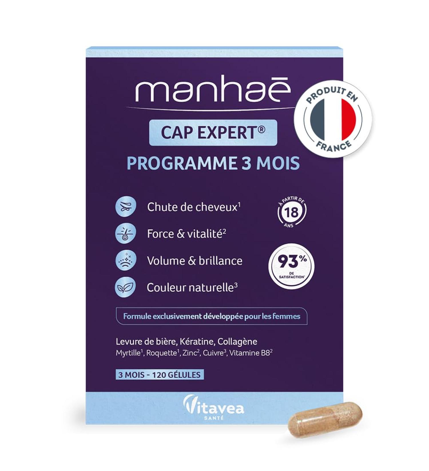 Manha Cap Expert Dietary Supplement for Hair Loss Strength Volume Shine - Biotin (Vitamin B8) Brewer's Yeast Keratin Collagen Minerals - 120 Capsules - Made in France - Buy Online on GoSupps.com