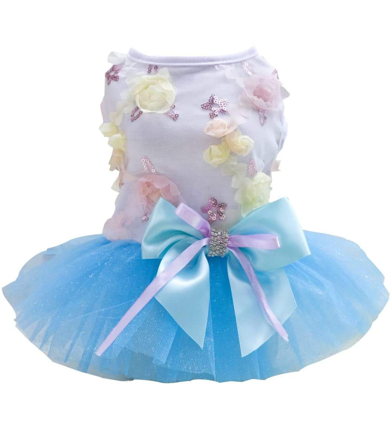 Luxury Dog Dress for Small Dogs | Puppy Skirt Ballet Tutu & Lace Flower Dress in Blue - Perfect Wedding Outfit - Buy Online on GoSupps.com