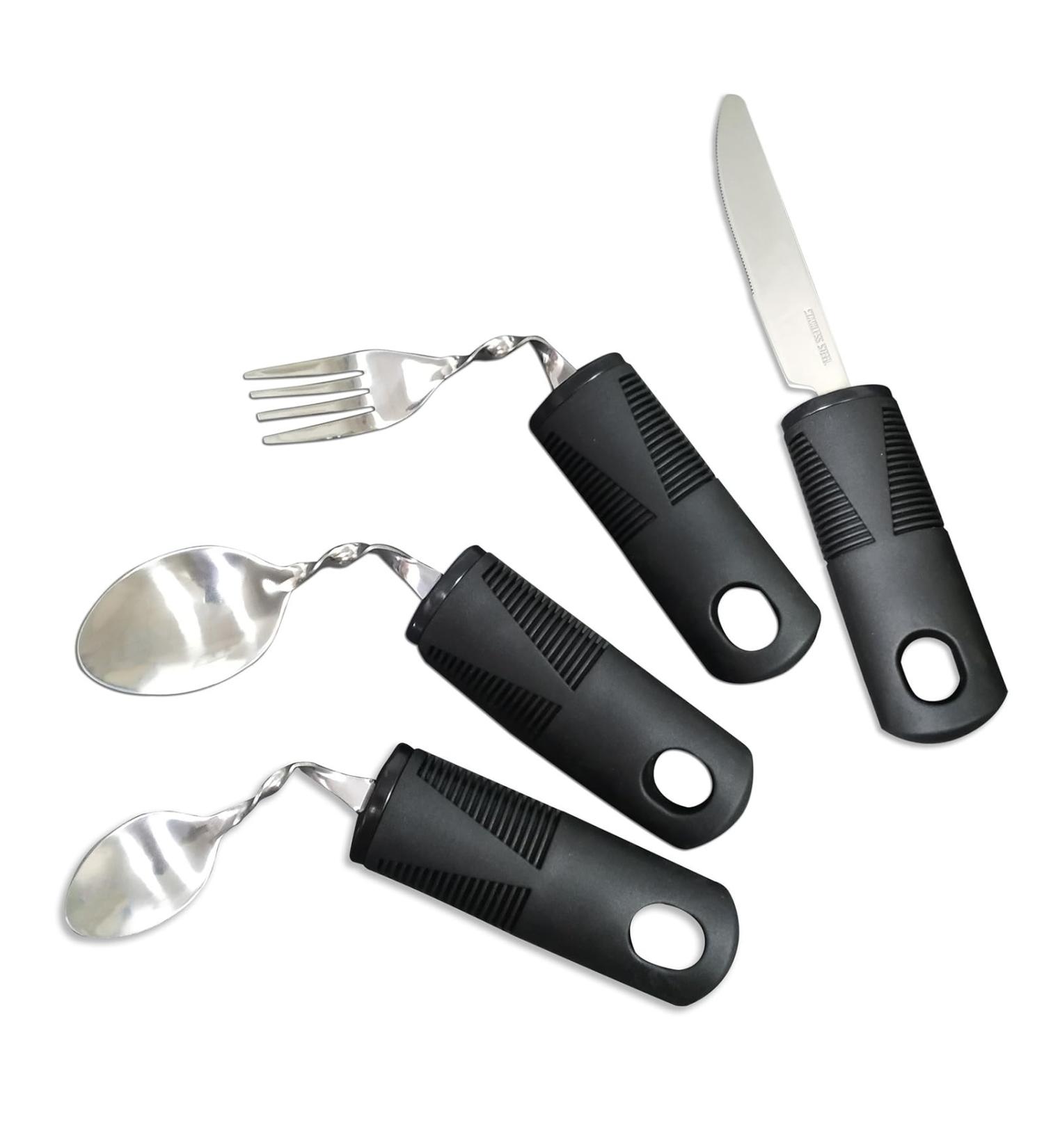 Ergonomic Cutlery Set for Parkinson's & Disabilities - 4-Piece Aid Kit with Bent Spoon Loeffel Knife & Fork for Seniors & Kids - Buy Online on GoSupps.com