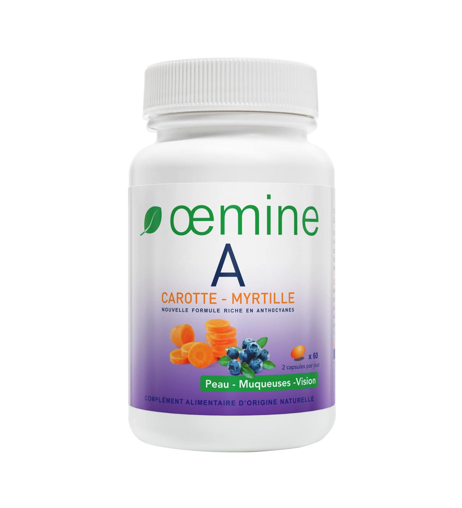 Oemine Vitamin A 60 Capsules - Carrot and Blueberry Concentrate - Vegan Dietary Supplement - For Adults & Pregnant Women - Benefits for Vision and Skin - Buy Online on GoSupps.com